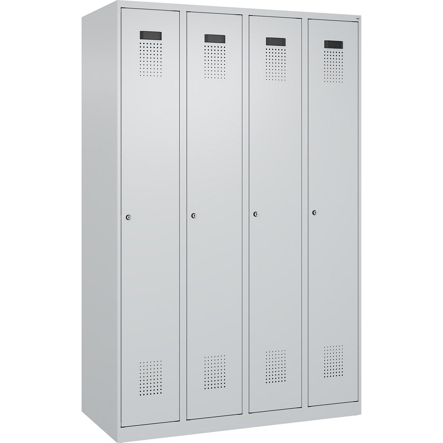 Evolo PLUS clean and dirty clothes locker, narrow, 4 compartments, shortened centre divider, light grey, W 1200 mm, with floor glides, cylinder lock.