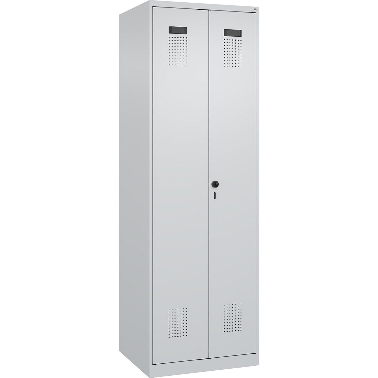 Evolo PLUS clean and dirty locker, 1 compartment, shortened centre divider, light grey, W 600 mm, with floor glides, security rotary bolt.