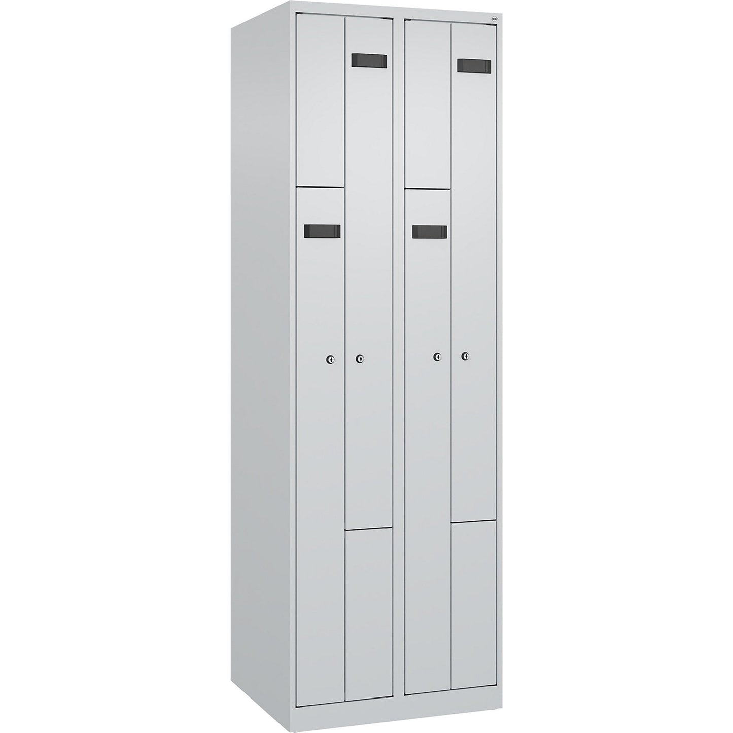 Evolo PLUS Z-locker, 2 compartments, light grey, W 600 mm, 4 compartments, with floor glides, cylinder lock.