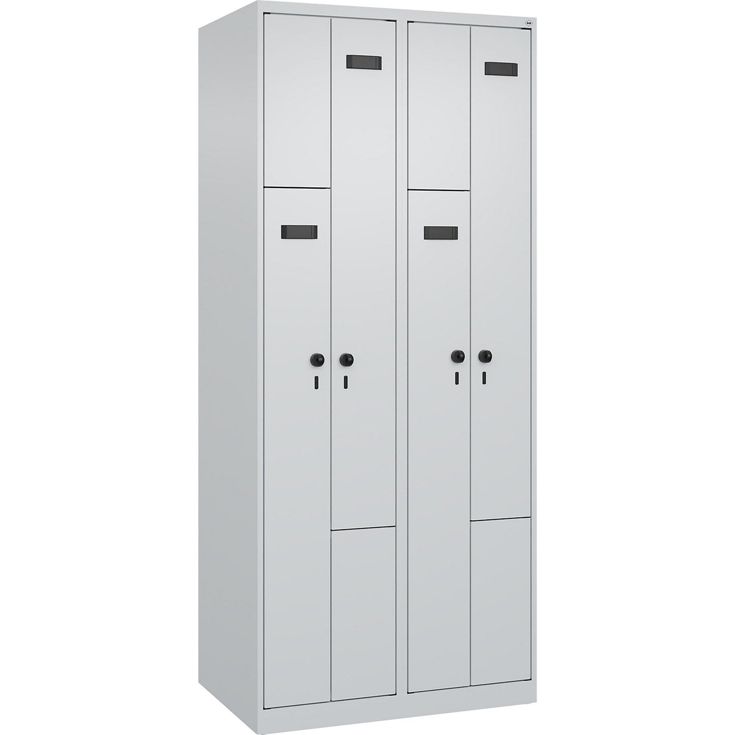 Evolo PLUS Z-locker, 2 compartments, light grey, W 800 mm, 4 compartments, with floor glides, security rotary bolt.