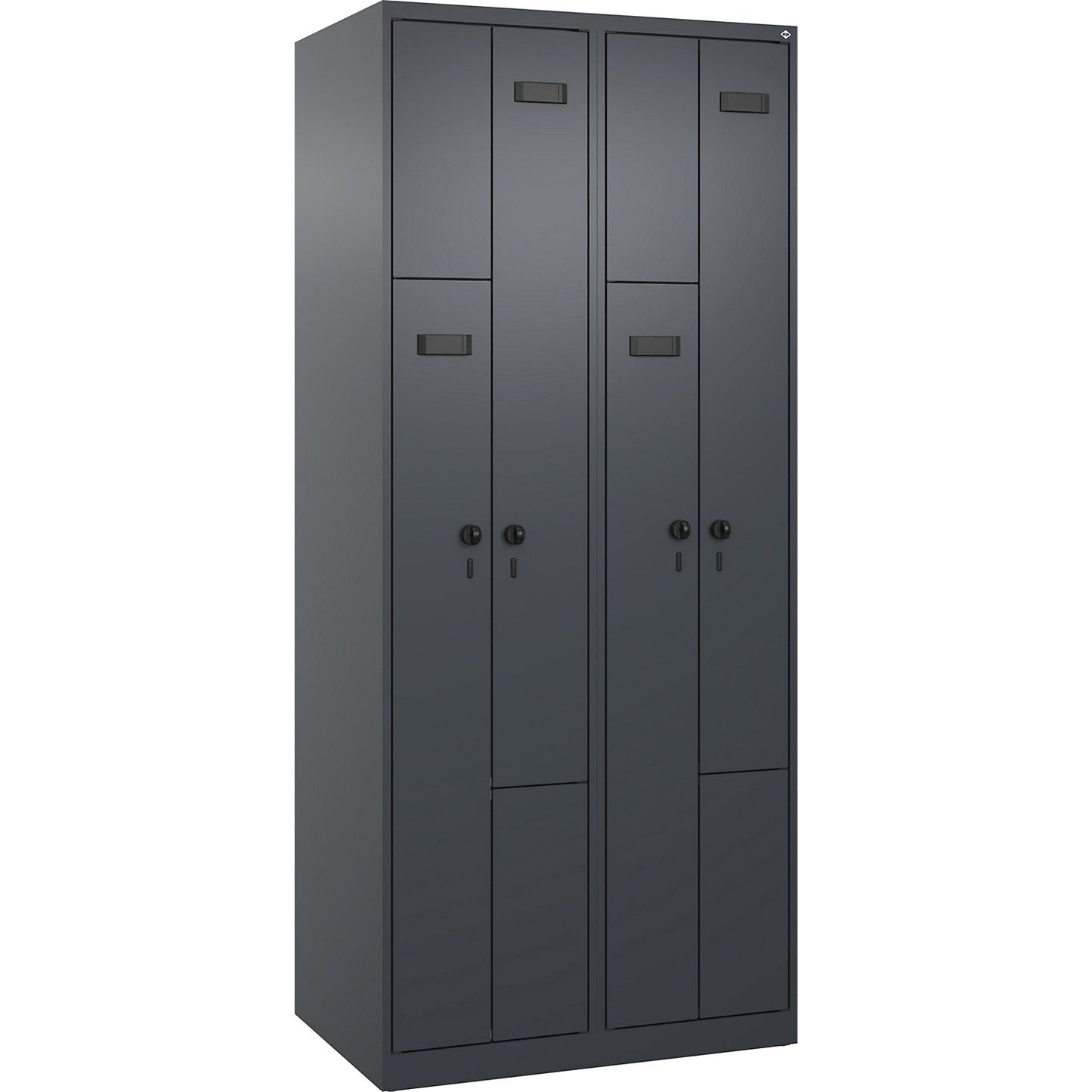 Evolo PLUS Z-locker, 2 compartments, grey, W 800 mm, 4 compartments, with floor glides, security rotary bolt.
