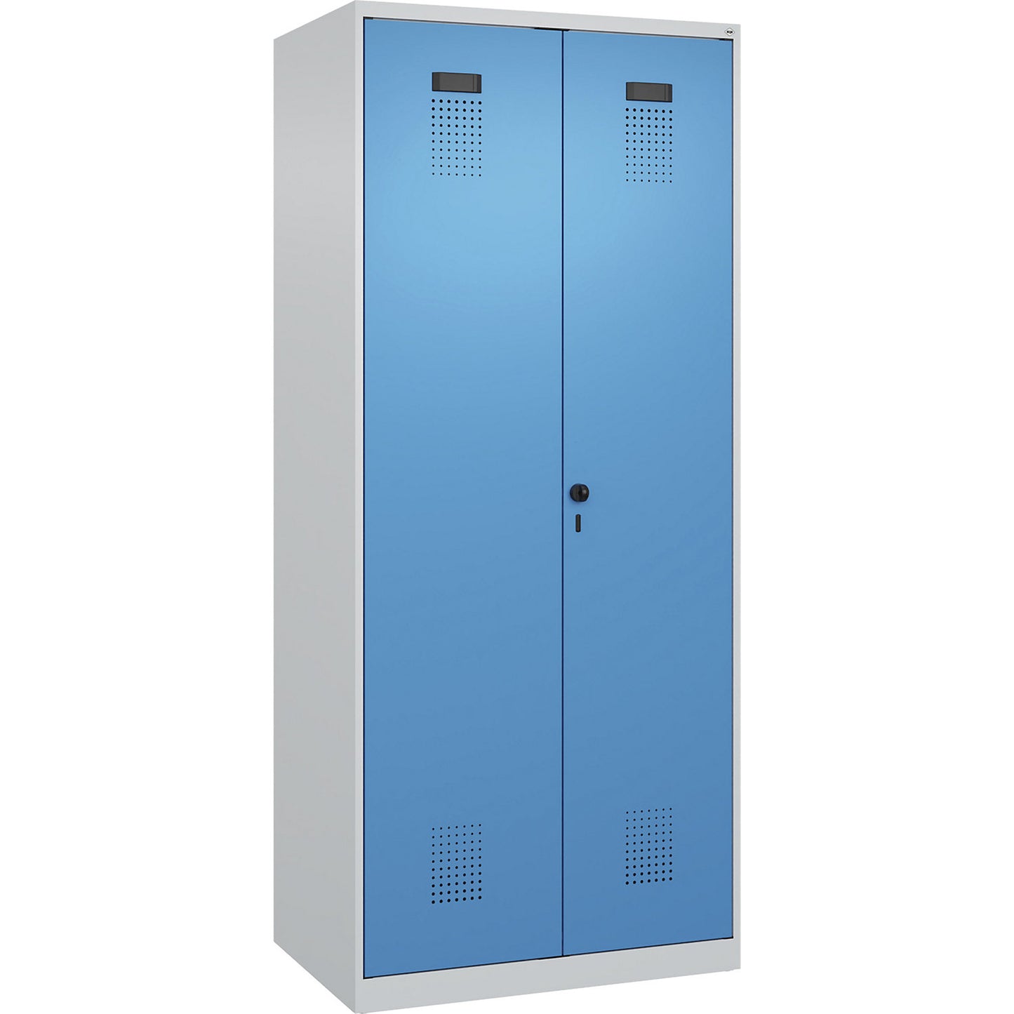 Evolo PLUS clean and dirty locker, 1 compartment, shortened centre divider, light grey / light blue, W 800 mm, with floor glides, security rotary bolt.