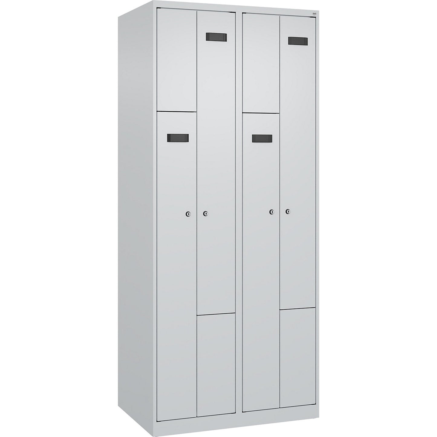 Evolo PLUS Z-locker, 2 compartments, light grey, W 800 mm, 4 compartments, with floor glides, cylinder lock.
