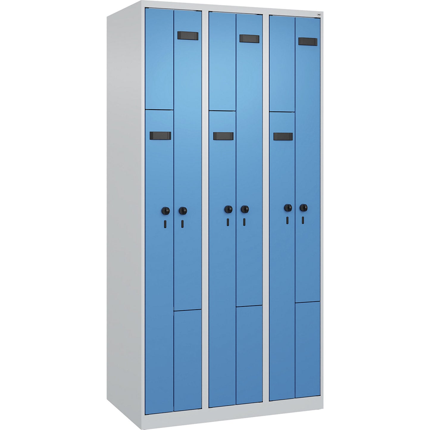 Evolo PLUS Z-locker, 3 compartments, light grey / light blue, W 900 mm, 6 compartments, with floor glides, security rotary bolt.