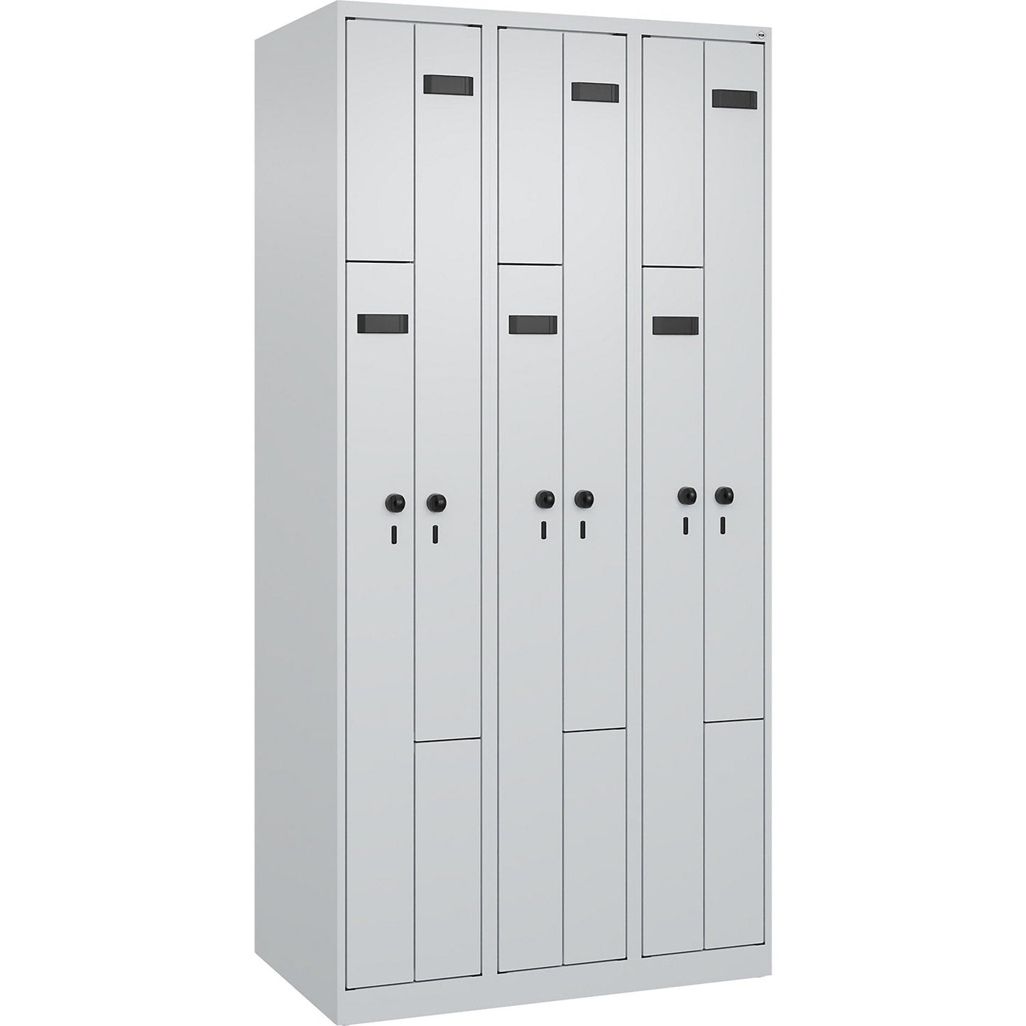Evolo PLUS Z-locker, 3 compartments, light grey, W 900 mm, 6 compartments, with floor glides, security rotary bolt.