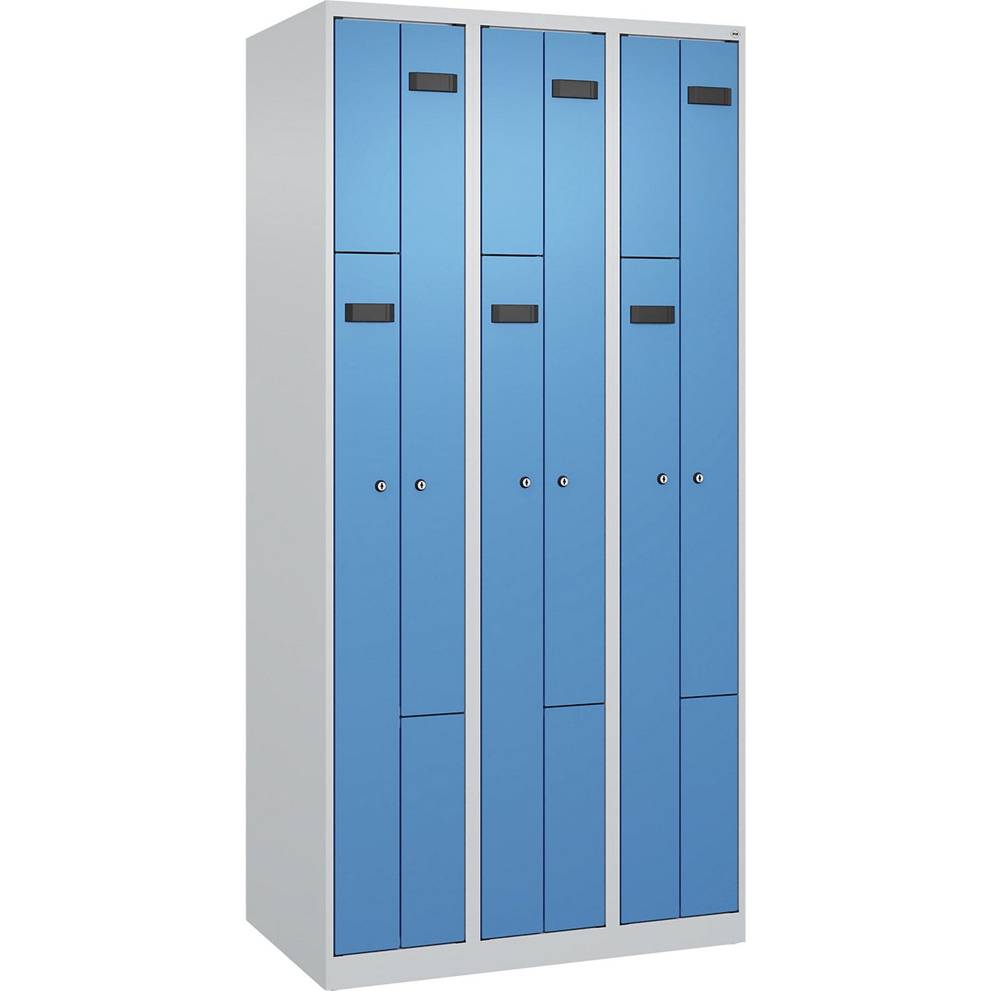 Evolo PLUS Z-locker, 3 compartments, light grey / light blue, W 900 mm, 6 compartments, with floor glides, cylinder lock.