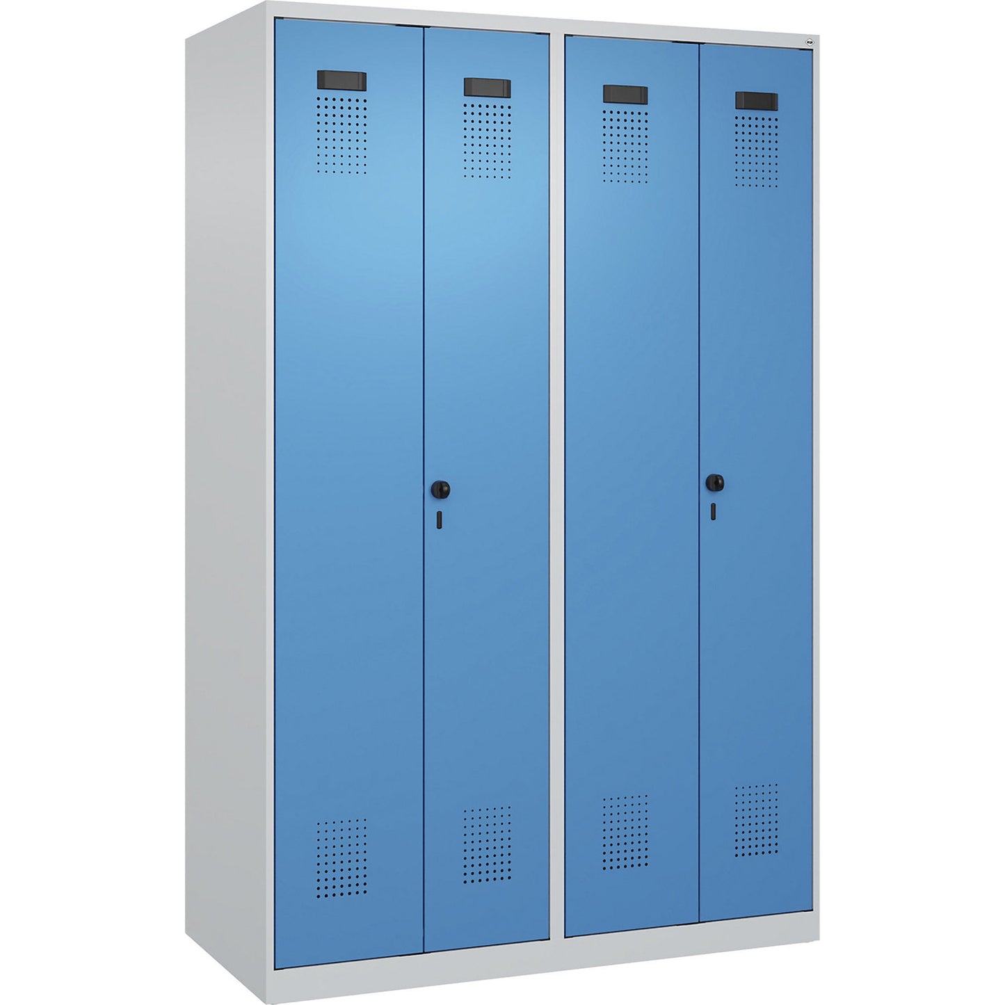 Evolo PLUS clean and dirty locker, 2 compartments, shortened centre divider, light grey / light blue, W 1200 mm, with floor glides, security rotary bolt.
