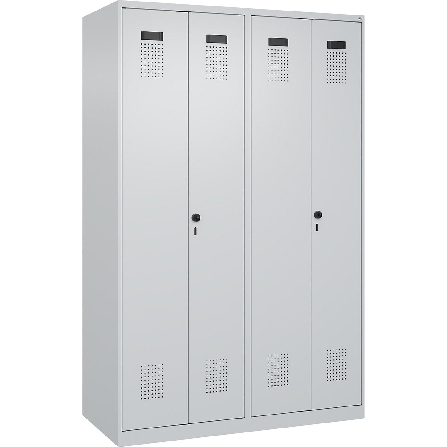Evolo PLUS clean and dirty locker, 2 compartments, shortened centre divider, light grey, W 1200 mm, with floor glides, security rotary bolt.