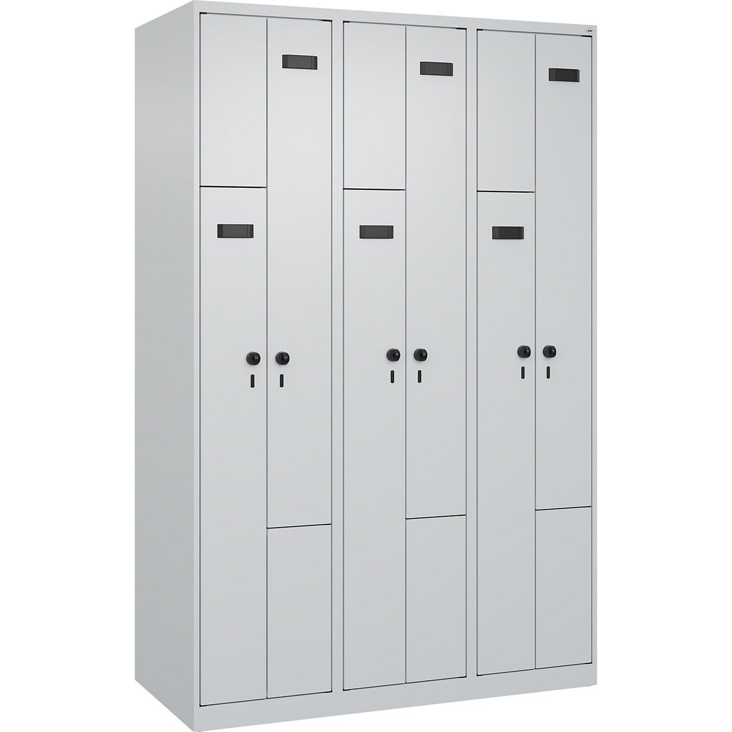 Evolo PLUS Z-locker, 3 compartments, light grey, W 1200 mm, 6 compartments, with floor glides, security rotary bolt.