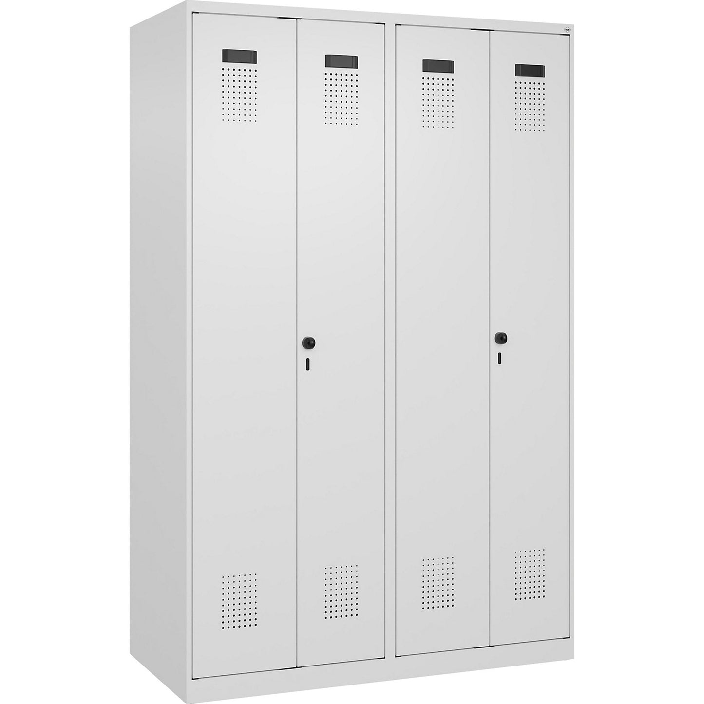 Evolo PLUS clean and dirty locker, 2 compartments, shortened centre divider, white, W 1200 mm, with floor glides, security rotary bolt.