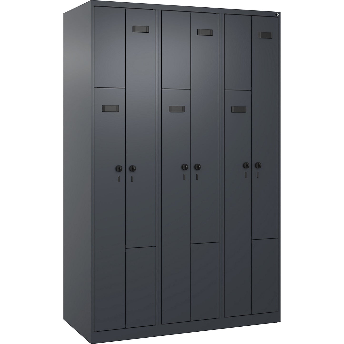 Evolo PLUS Z-locker, 3 compartments, grey, W 1200 mm, 6 compartments, with floor glides, security rotary bolt.