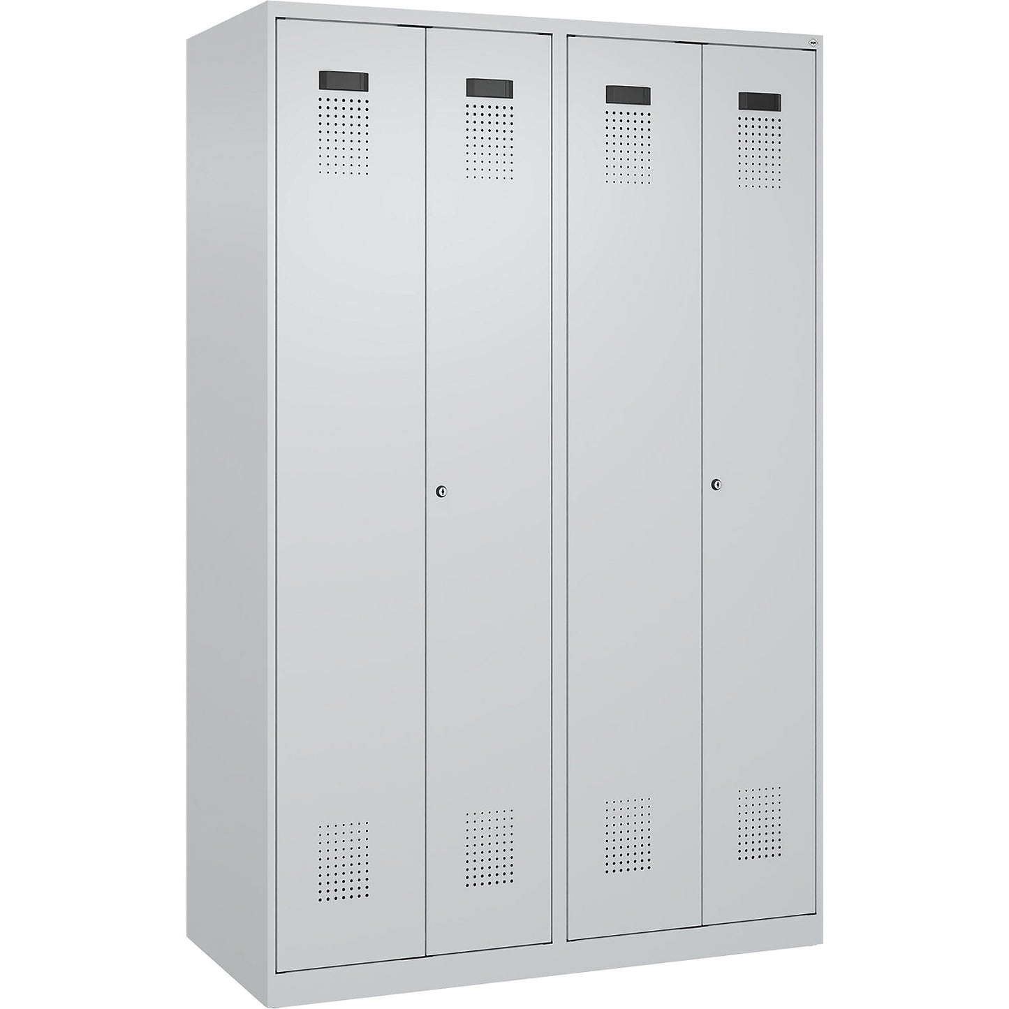 Evolo PLUS clean and dirty locker, 2 compartments, shortened centre divider, light grey, W 1200 mm, with floor glides, cylinder lock.