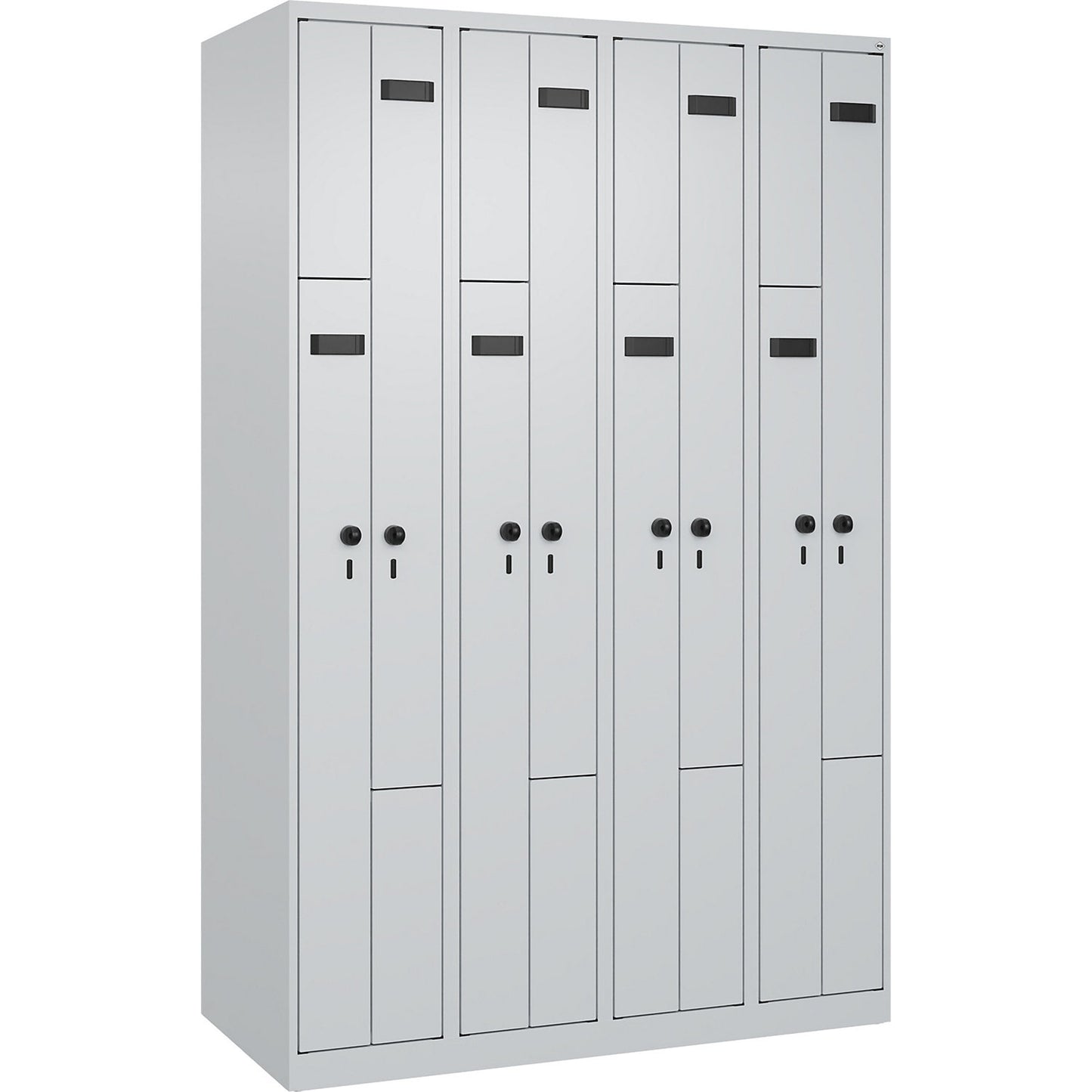 Evolo PLUS Z-locker, 4 compartments, light grey, W 1200 mm, 8 compartments, with floor glides, security rotary bolt.