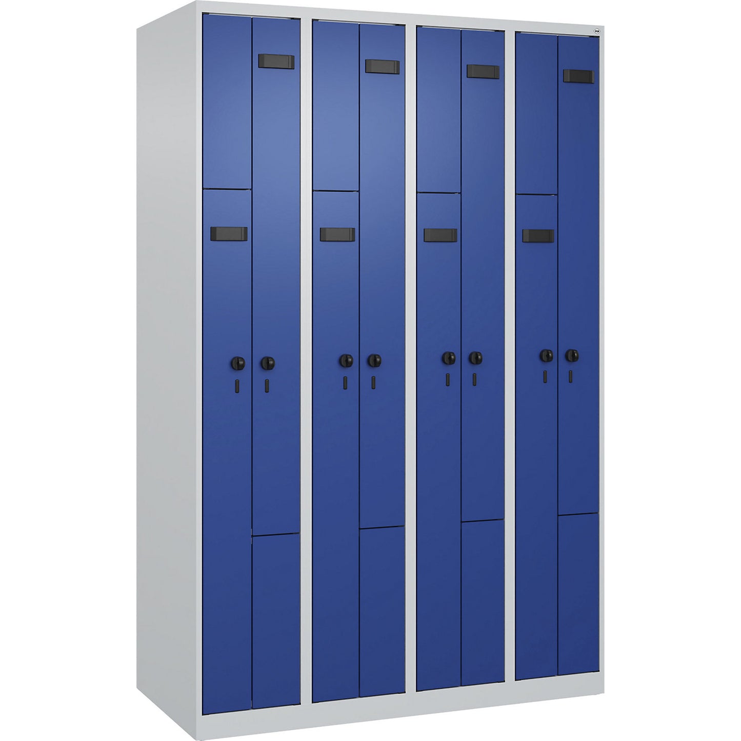 Evolo PLUS Z-locker, 4 compartments, light grey / gentian blue, W 1200 mm, 8 compartments, with floor glides, security rotary bolt.