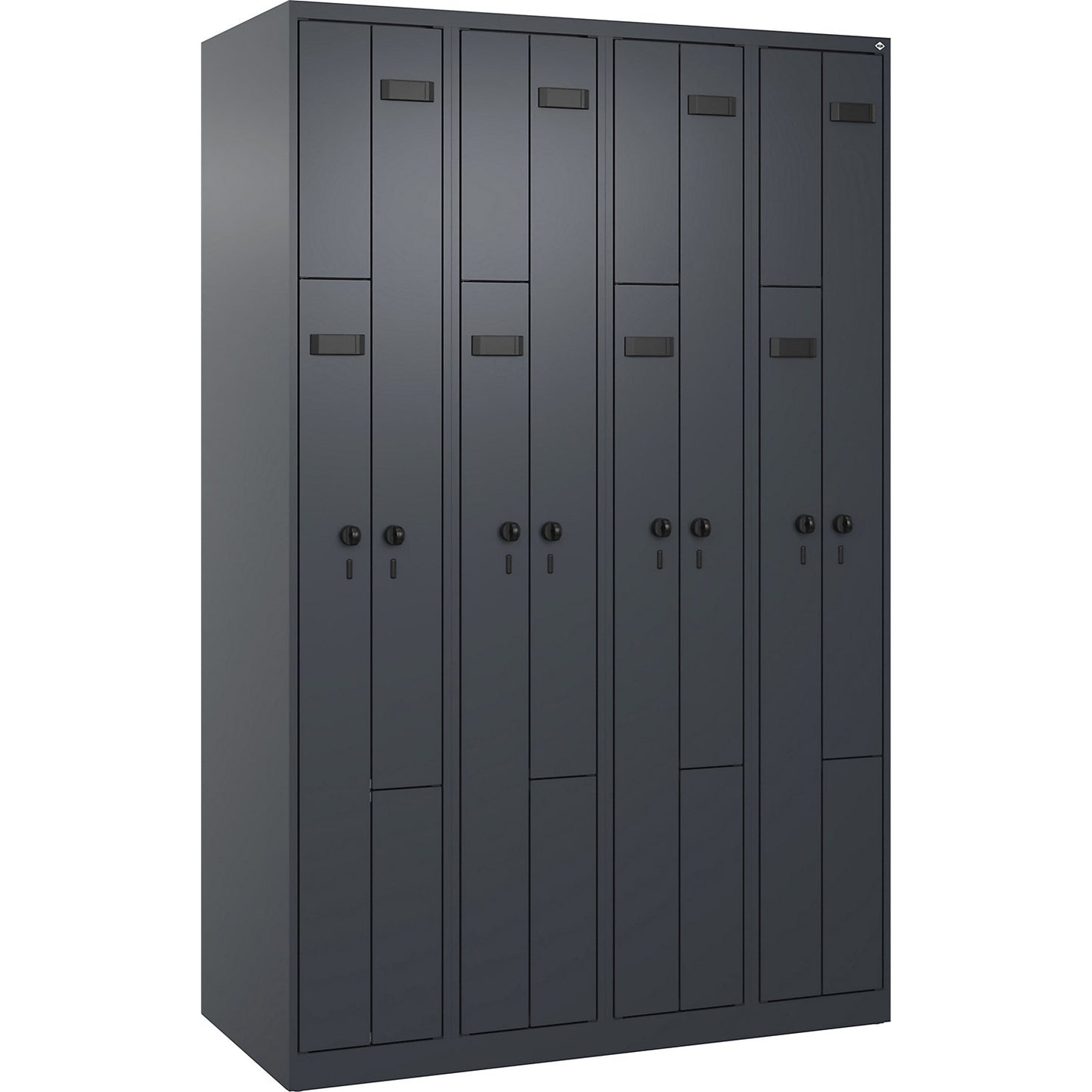 Evolo PLUS Z-locker, 4 compartments, grey, W 1200 mm, 8 compartments, with floor glides, security rotary bolt.