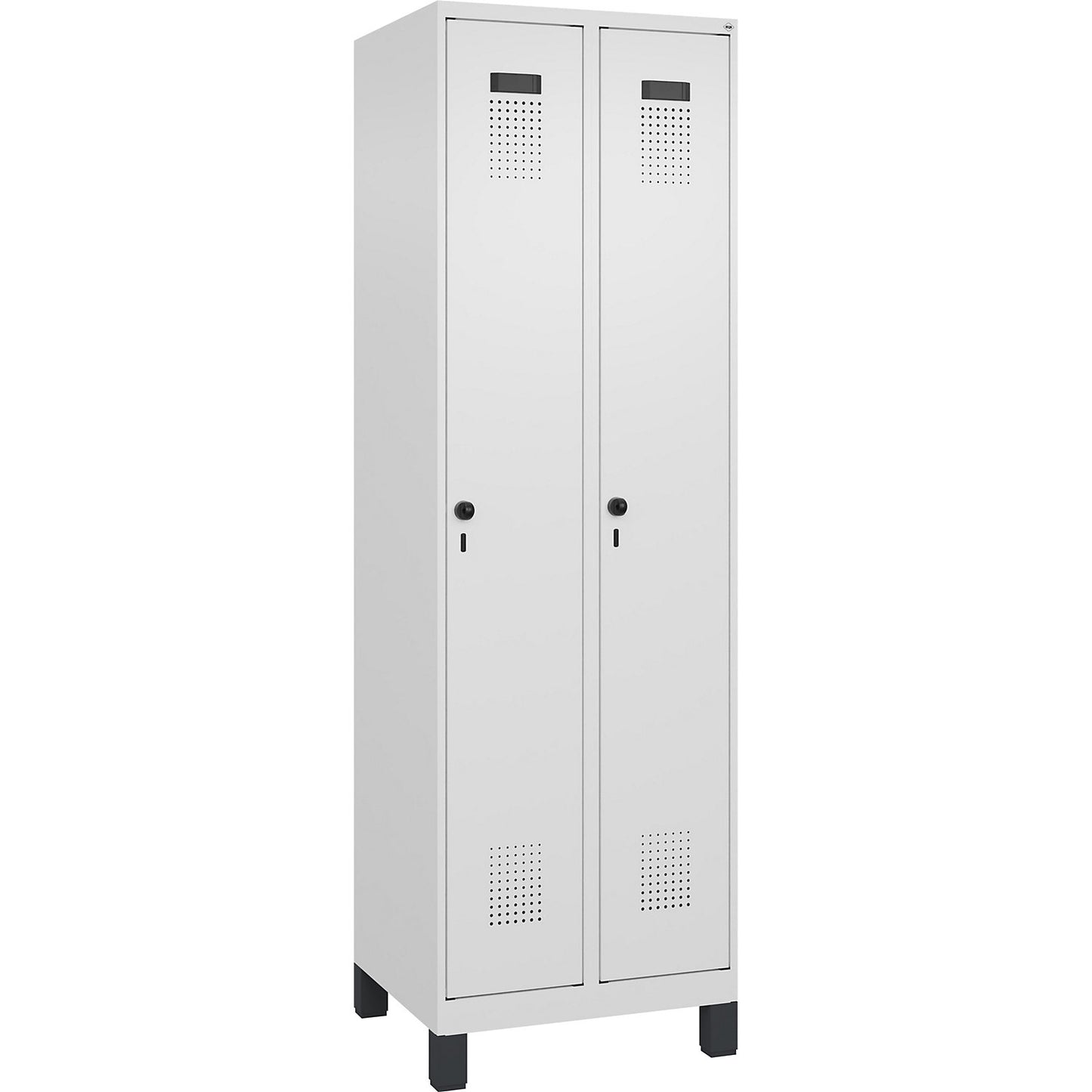Evolo PLUS clean and dirty clothes locker, narrow, 2 compartments, shortened centre divider, white, W 600 mm, with wide feet, security rotary bolt.