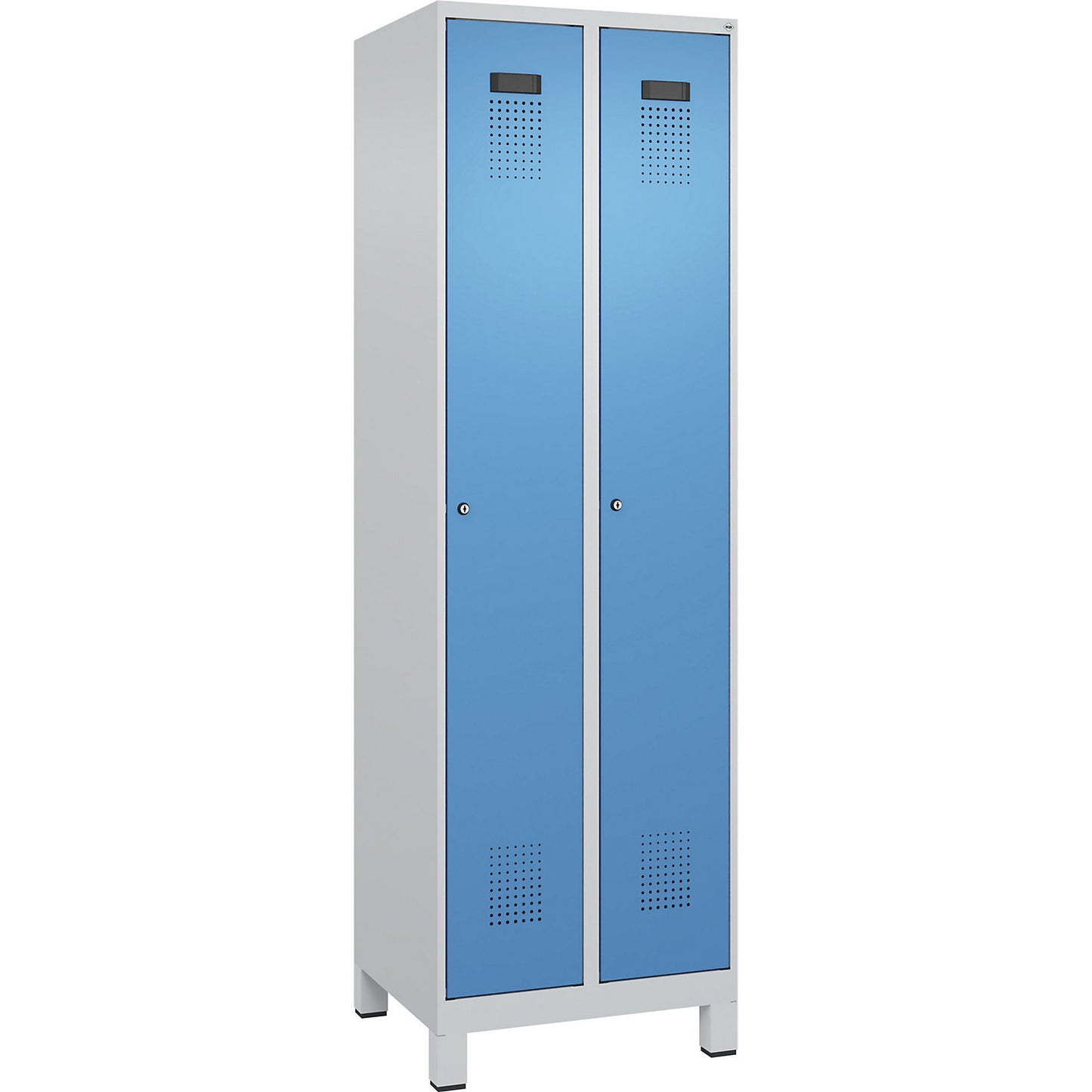 Evolo PLUS clean and dirty clothes locker, narrow, 2 compartments, shortened centre divider, light grey / light blue, W 600 mm, with wide feet, cylinder lock.