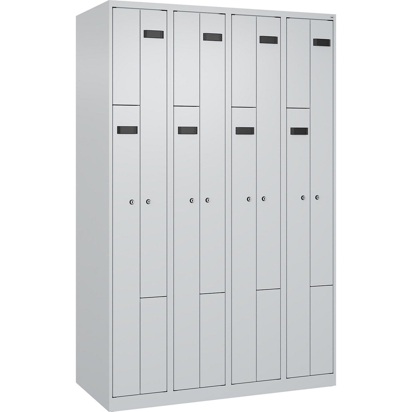 Evolo PLUS Z-locker, 4 compartments, light grey, W 1200 mm, 8 compartments, with floor glides, cylinder lock.