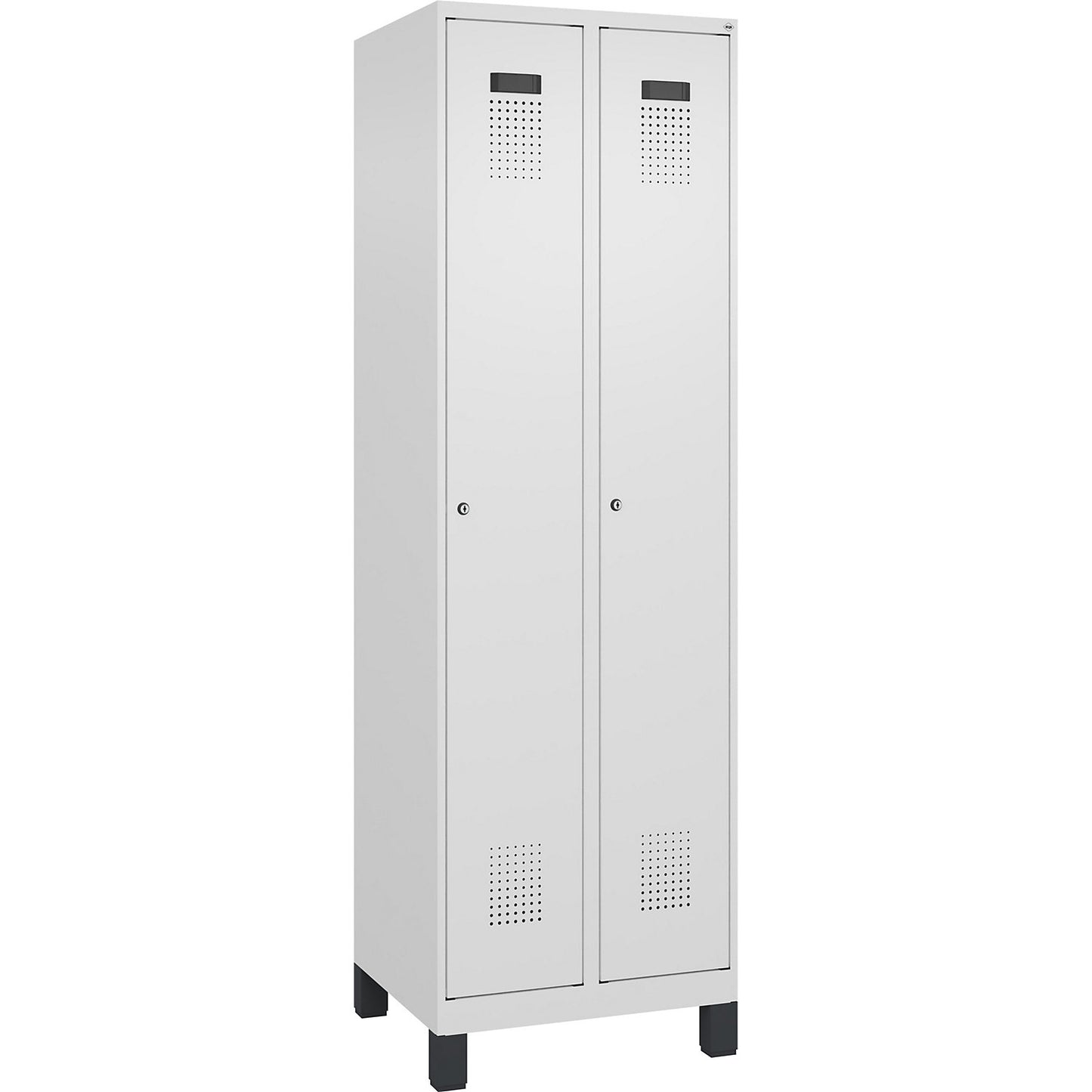 Evolo PLUS clean and dirty clothes locker, narrow, 2 compartments, shortened centre divider, white, W 600 mm, with wide feet, cylinder lock.