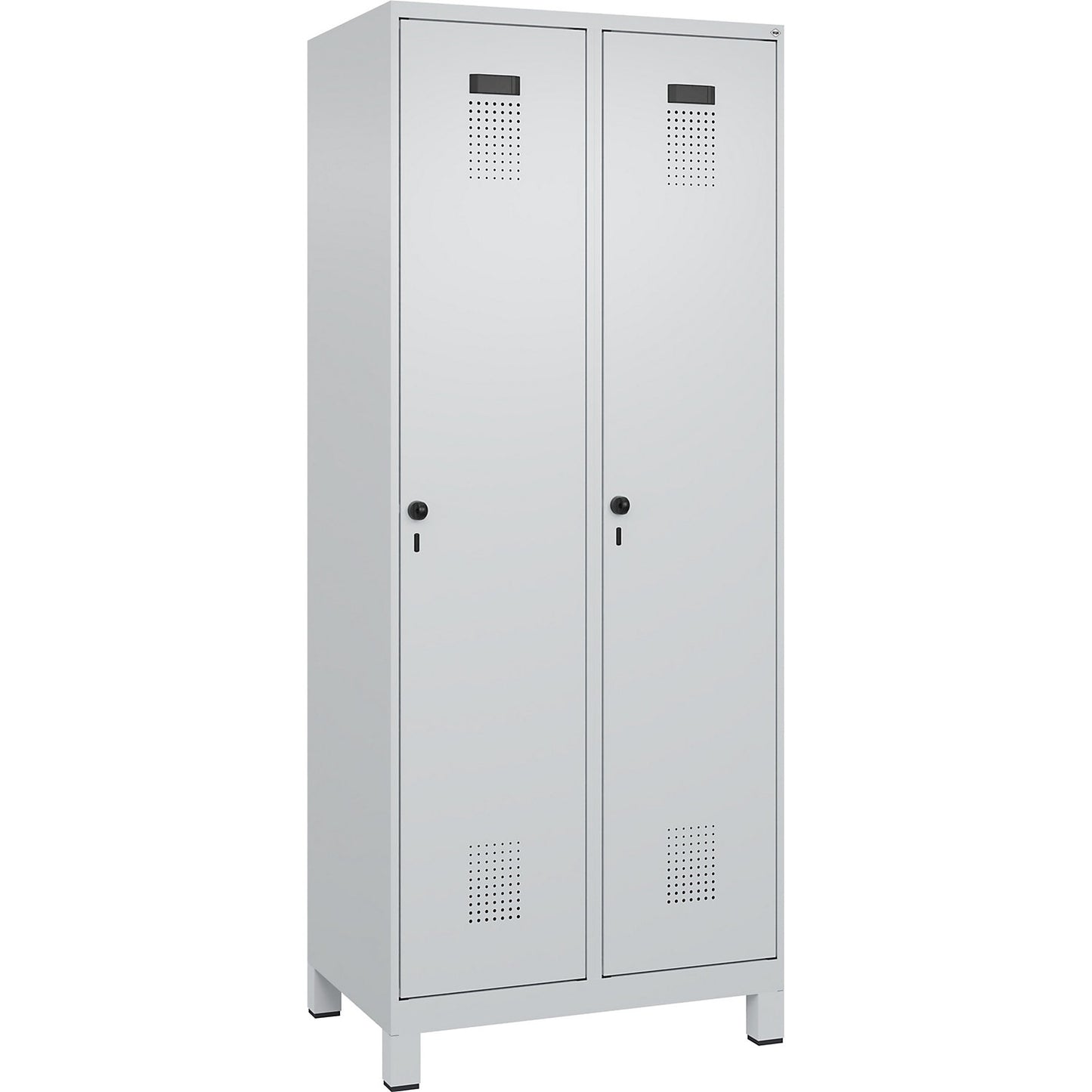 Evolo PLUS clean and dirty clothes locker, narrow, 2 compartments, shortened centre divider, light grey, W 800 mm, with wide feet, security rotary bolt.