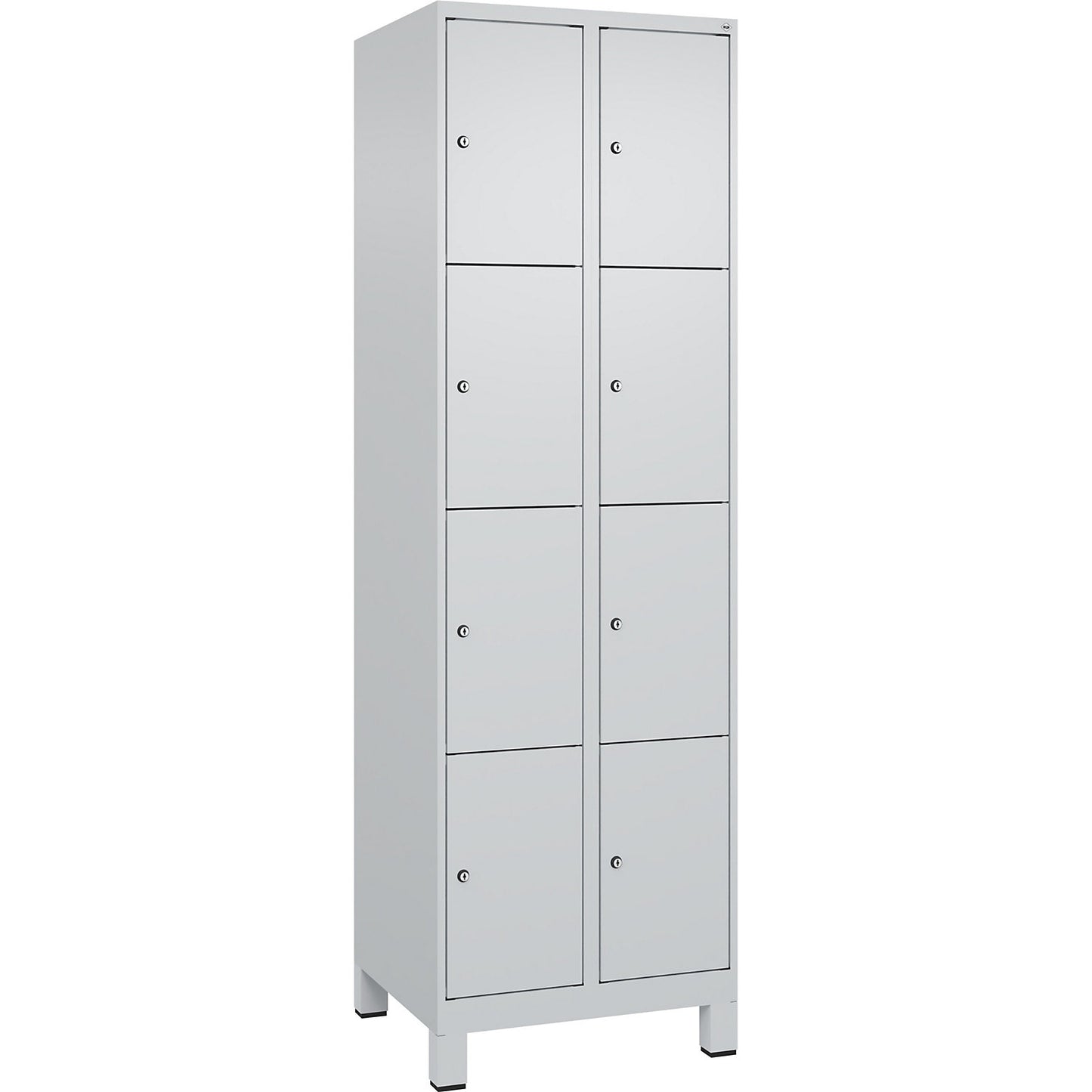 Evolo PLUS 4-fold compartment locker, 2 compartments, light grey, W 600 mm, 8 compartments, with wide feet, cylinder lock.