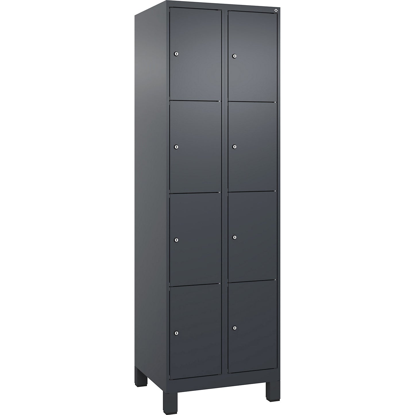 Evolo PLUS 4-fold compartment locker, 2 compartments, grey, W 600 mm, 8 compartments, with wide feet, cylinder lock.