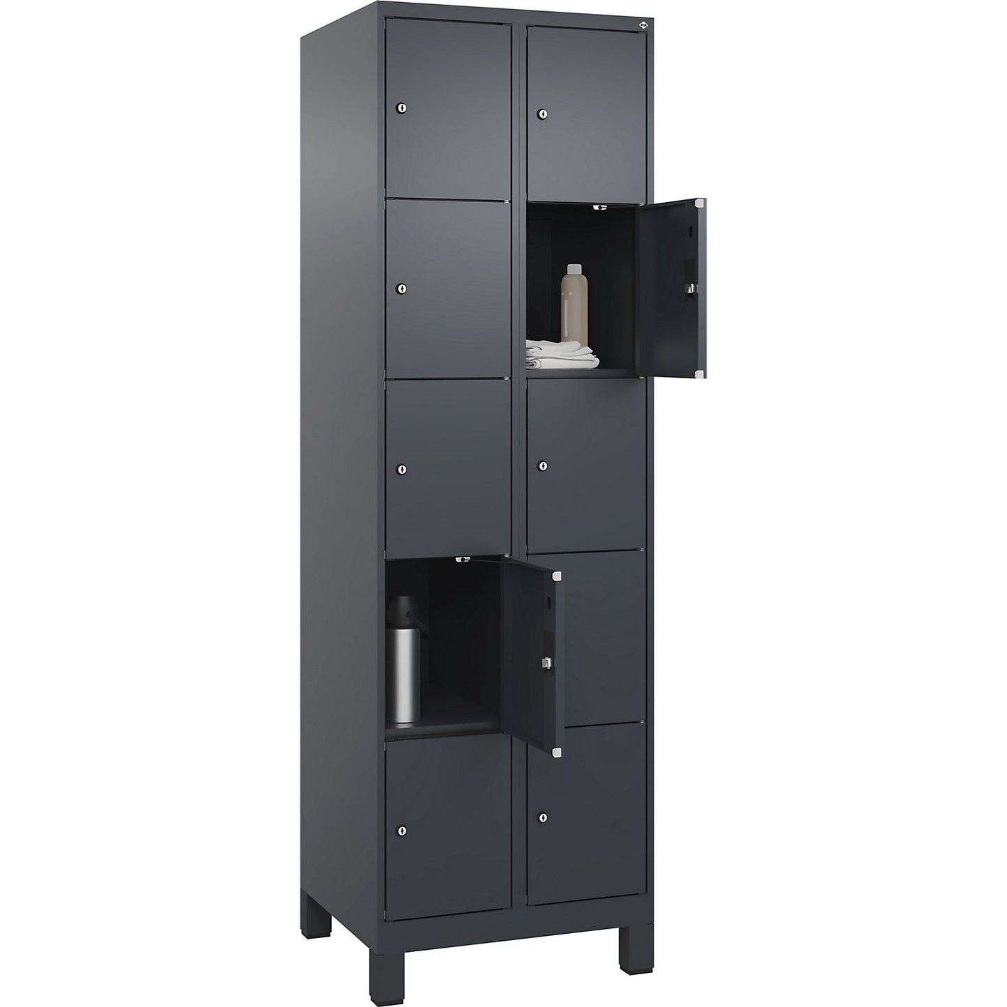 Evolo PLUS 5-fold compartment locker, 2 compartments, grey, W 600 mm, 10 compartments, with wide feet, cylinder lock.