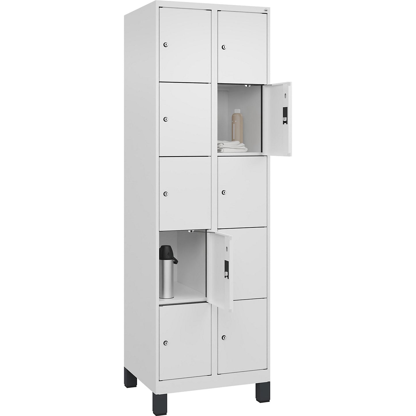 Evolo PLUS 5-fold compartment locker, 2 compartments, white, W 600 mm, 10 compartments, with wide feet, cylinder lock.