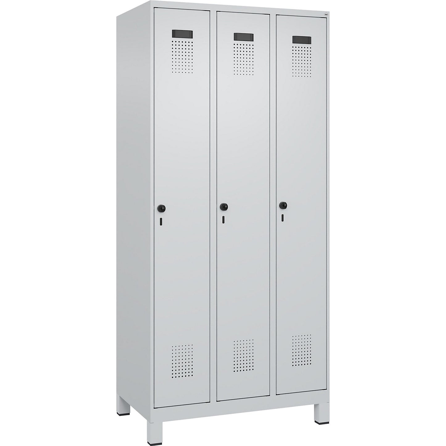 Evolo PLUS clean and dirty clothes locker, narrow, 3 compartments, shortened centre divider, light grey, W 900 mm, with wide feet, security rotary bolt.