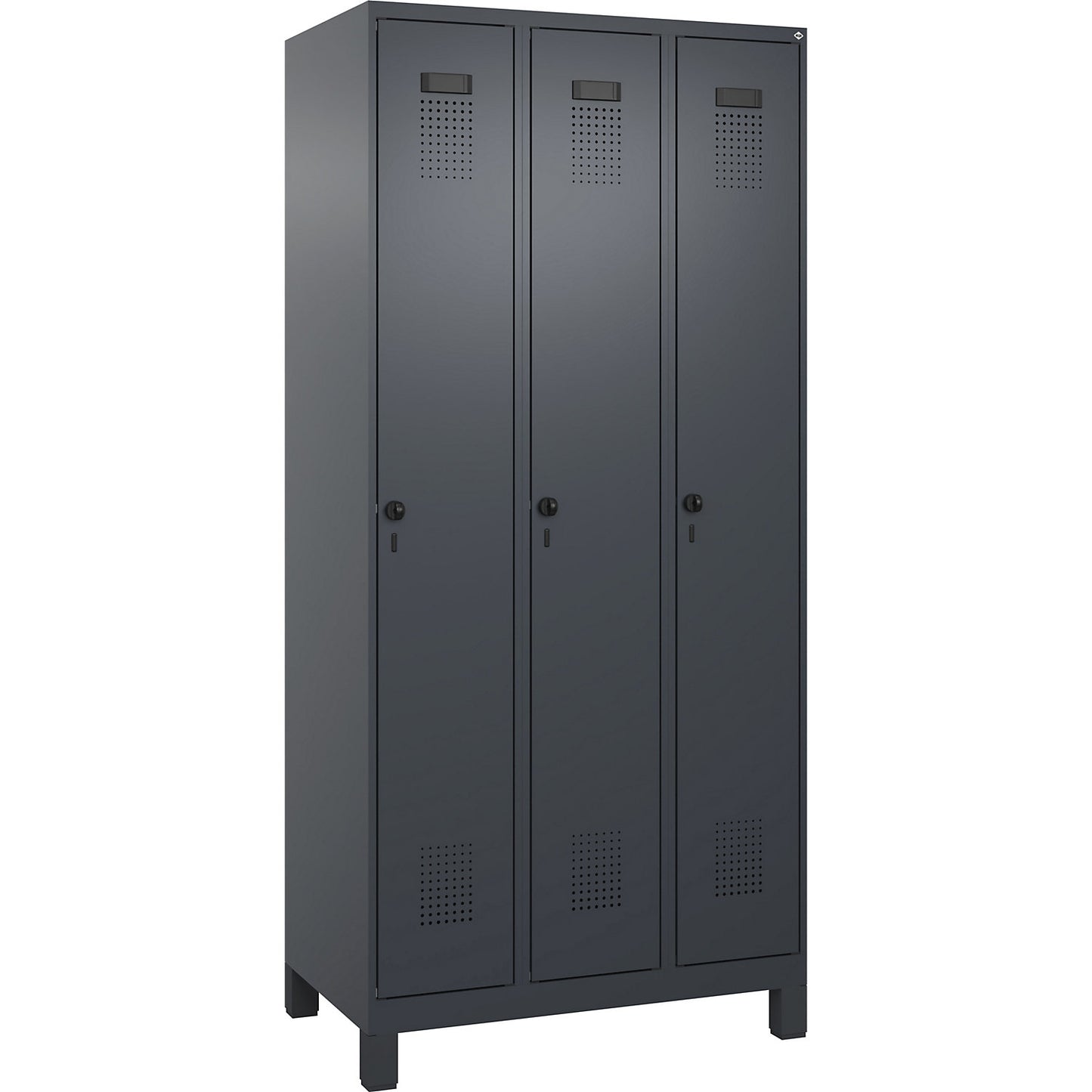 Evolo PLUS clean and dirty clothes locker, narrow, 3 compartments, shortened centre divider, grey, W 900 mm, with wide feet, security rotary bolt.