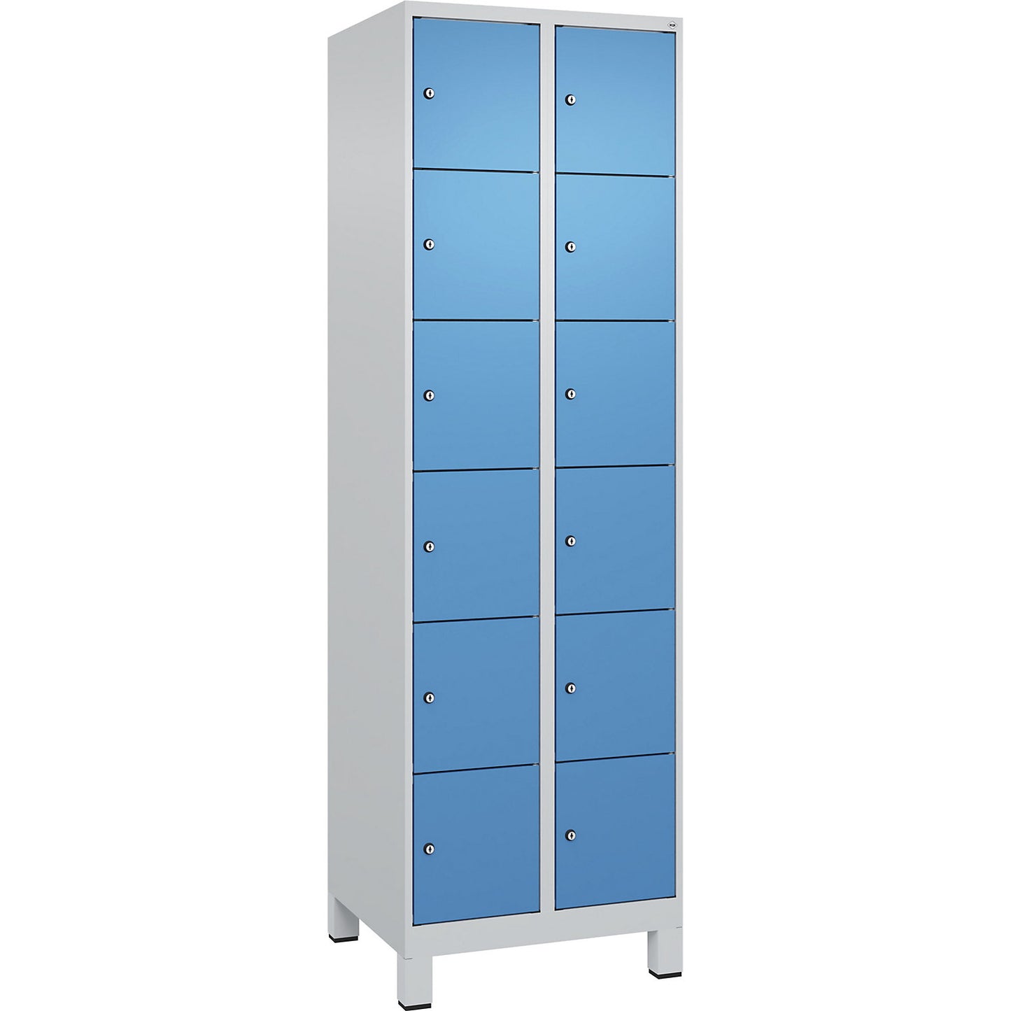 Evolo PLUS 6-fold compartment locker, 2 compartments, light grey / light blue, W 600 mm, 12 compartments, with wide feet, cylinder lock.
