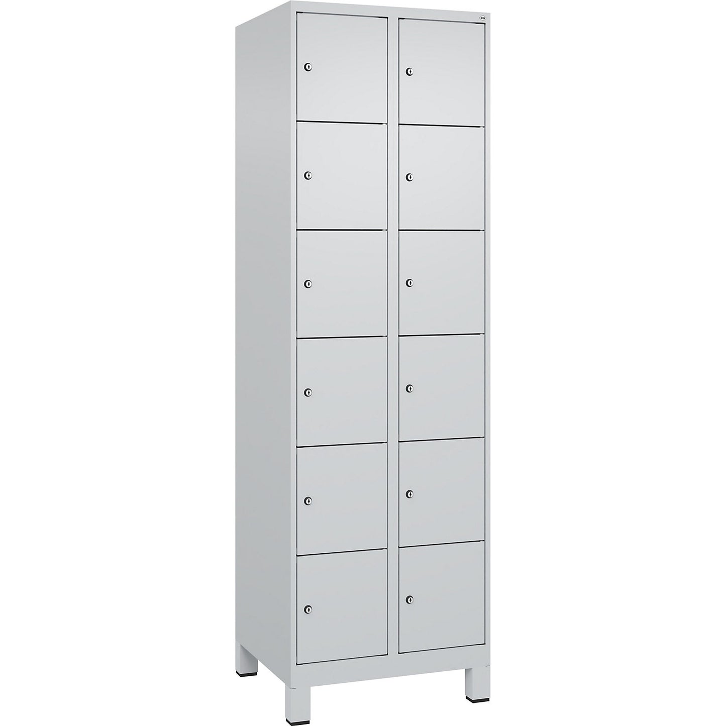 Evolo PLUS 6-fold compartment locker, 2 compartments, light grey, W 600 mm, 12 compartments, with wide feet, cylinder lock.