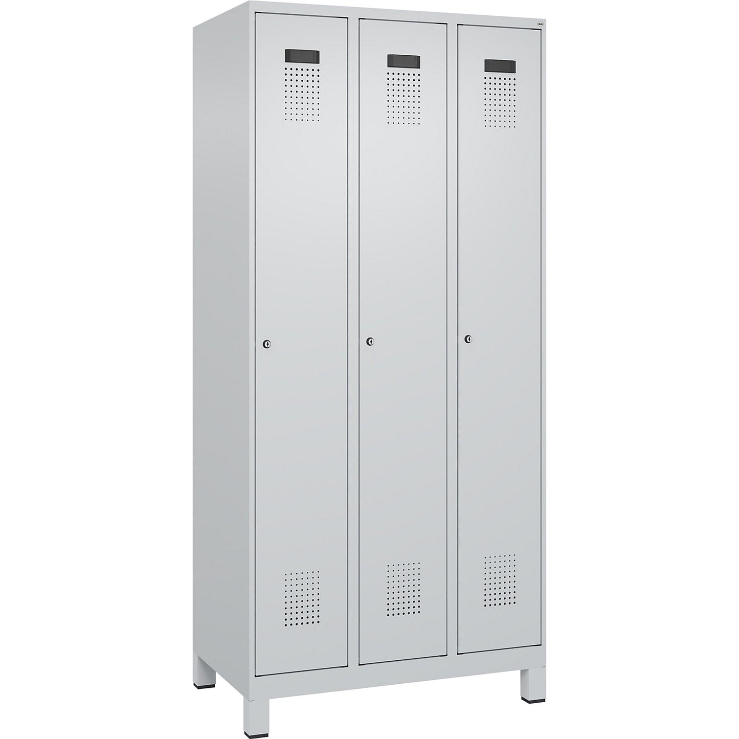 Evolo PLUS clean and dirty clothes locker, narrow, 3 compartments, shortened centre divider, light grey, W 900 mm, with wide feet, cylinder lock.