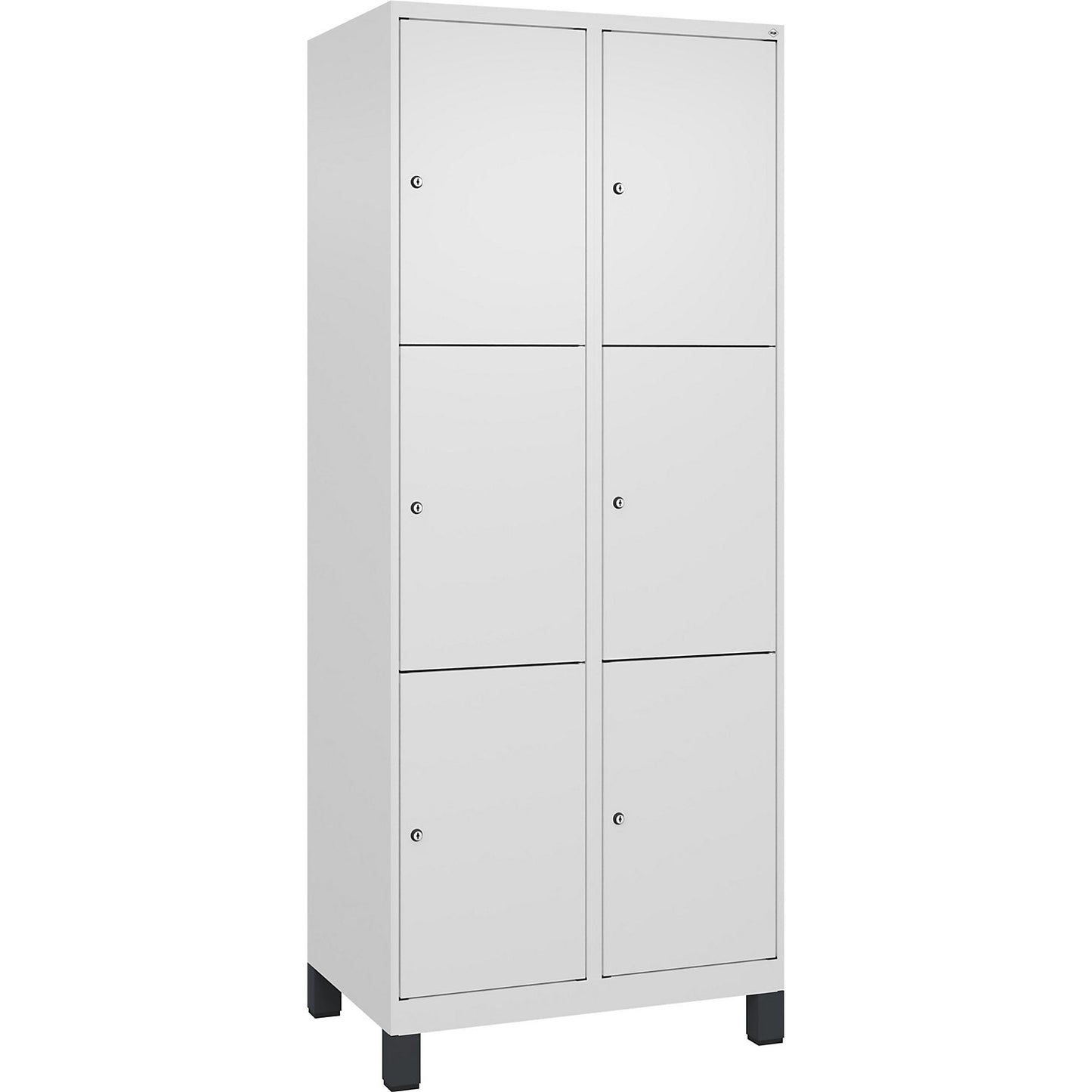Evolo PLUS 3-fold compartment locker, 2 compartments, white, W 800 mm, 6 compartments, with wide feet, cylinder lock.