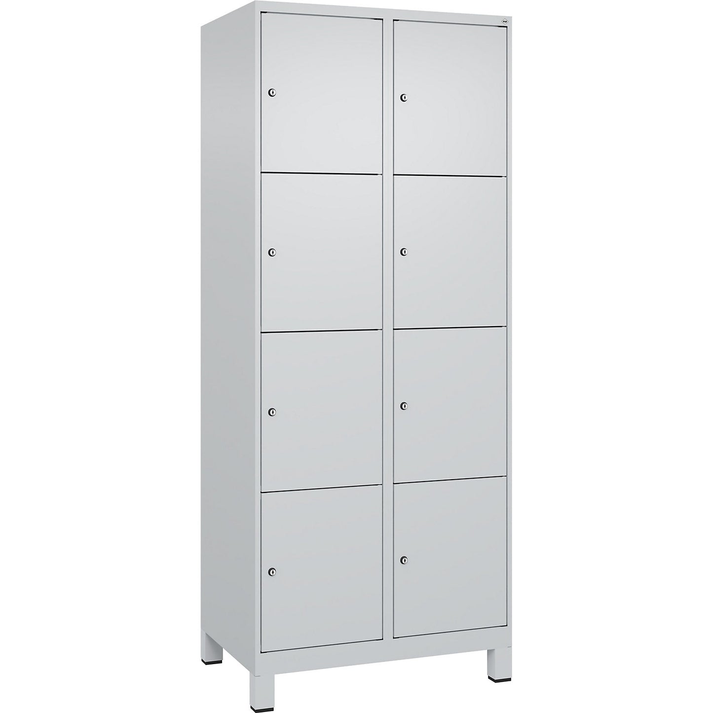 Evolo PLUS 4-fold compartment locker, 2 compartments, light grey, W 800 mm, 8 compartments, with wide feet, cylinder lock.