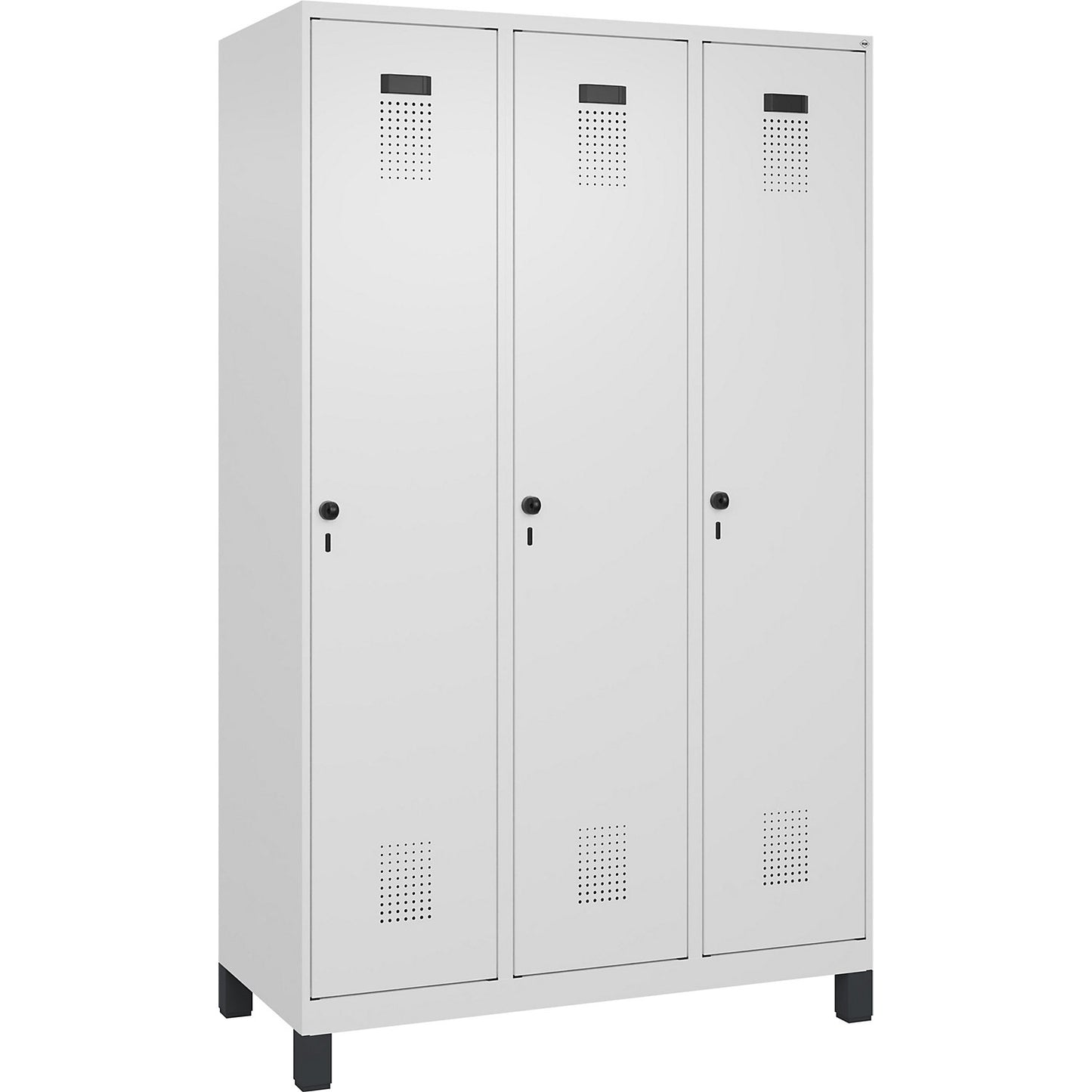 Evolo PLUS clean and dirty clothes locker, narrow, 3 compartments, shortened centre divider, white, W 1200 mm, with wide feet, security rotary bolt.