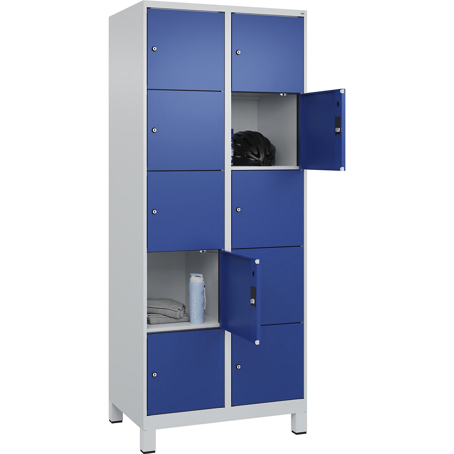 Evolo PLUS 5-fold compartment locker, 2 compartments, light grey / gentian blue, W 800 mm, 10 compartments, with wide feet, cylinder lock.
