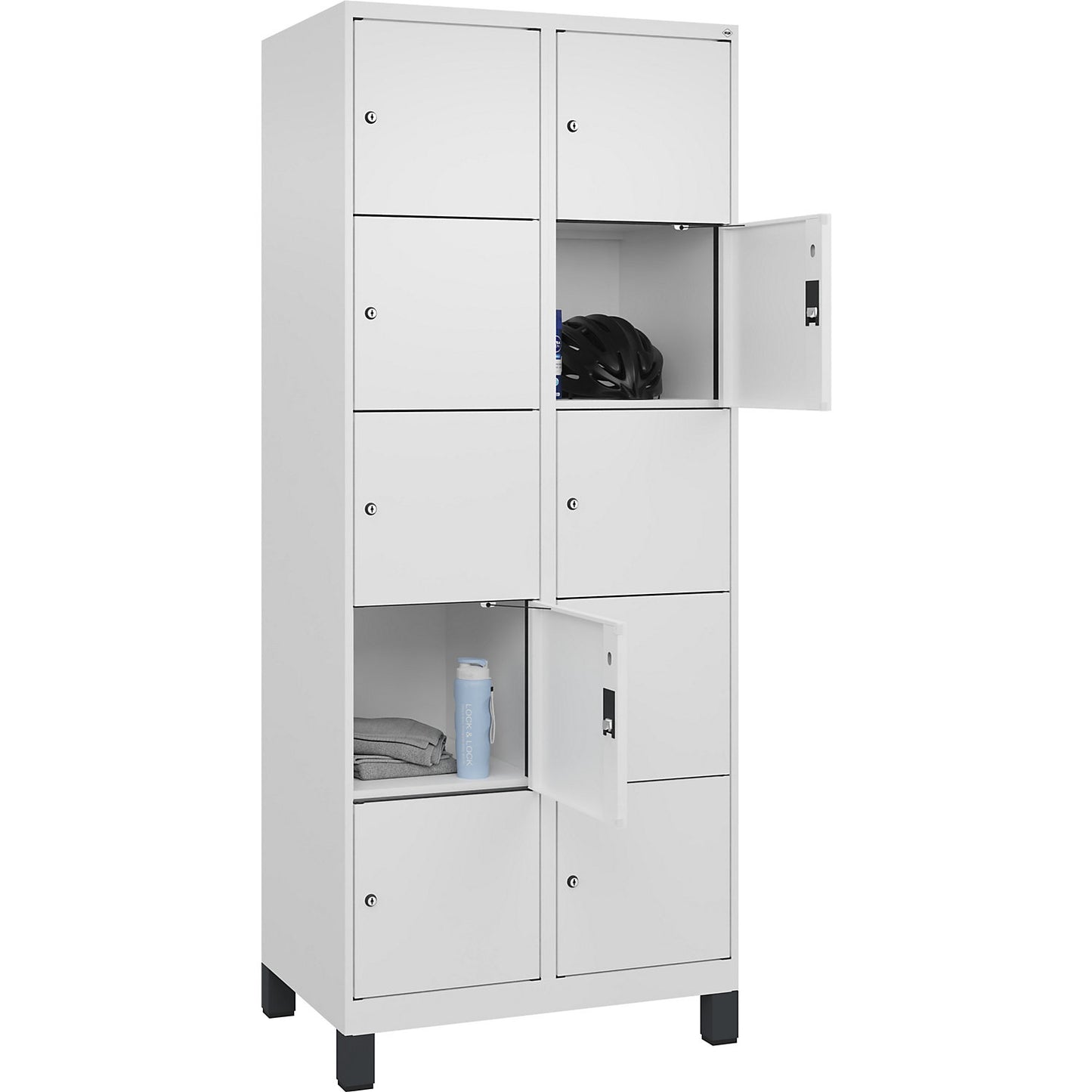 Evolo PLUS 5-fold compartment locker, 2 compartments, white, W 800 mm, 10 compartments, with wide feet, cylinder lock.