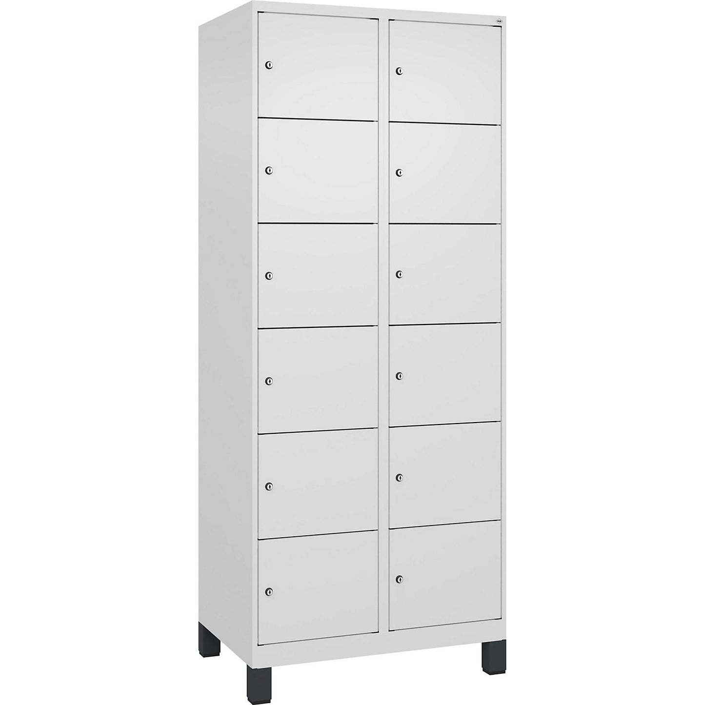 Evolo PLUS 6-fold compartment locker, 2 compartments, white, W 800 mm, 12 compartments, with wide feet, cylinder lock.