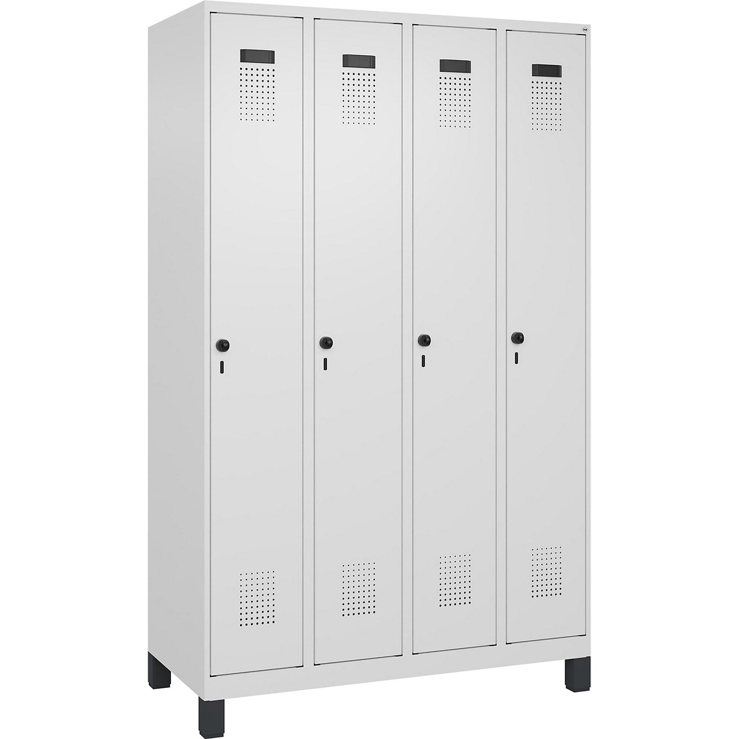 Evolo PLUS clean and dirty clothes locker, narrow, 4 compartments, shortened centre divider, white, W 1200 mm, with wide feet, security rotary bolt.