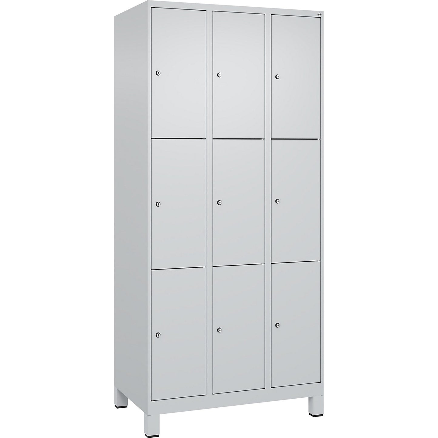 Evolo PLUS 3-fold compartment locker, 3 compartments, light grey, W 900 mm, 9 compartments, with wide feet, cylinder lock.