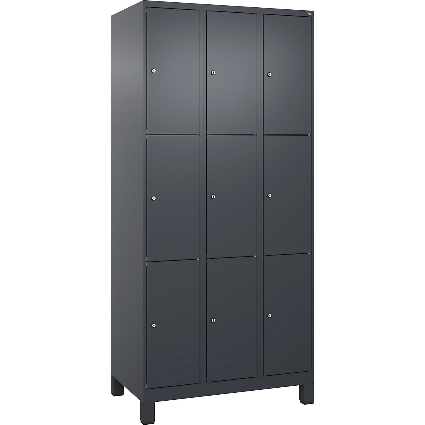 Evolo PLUS 3-fold compartment locker, 3 compartments, grey, W 900 mm, 9 compartments, with wide feet, cylinder lock.