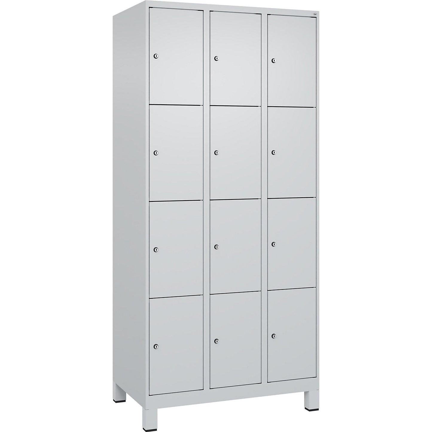 Evolo PLUS 4-fold compartment locker, 3 compartments, light grey, W 900 mm, 12 compartments, with wide feet, cylinder lock.