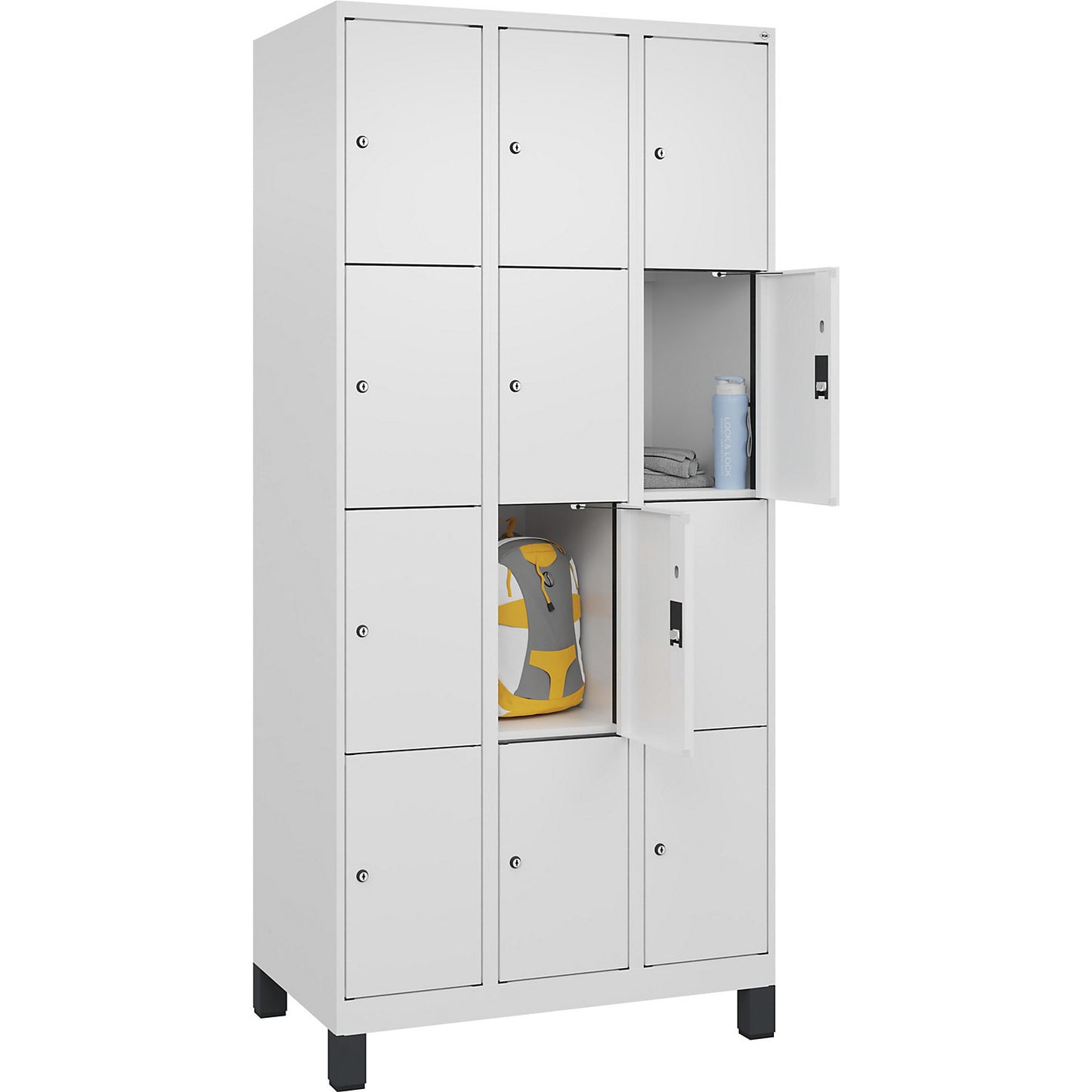 Evolo PLUS 4-fold compartment locker, 3 compartments, white, W 900 mm, 12 compartments, with wide feet, cylinder lock.