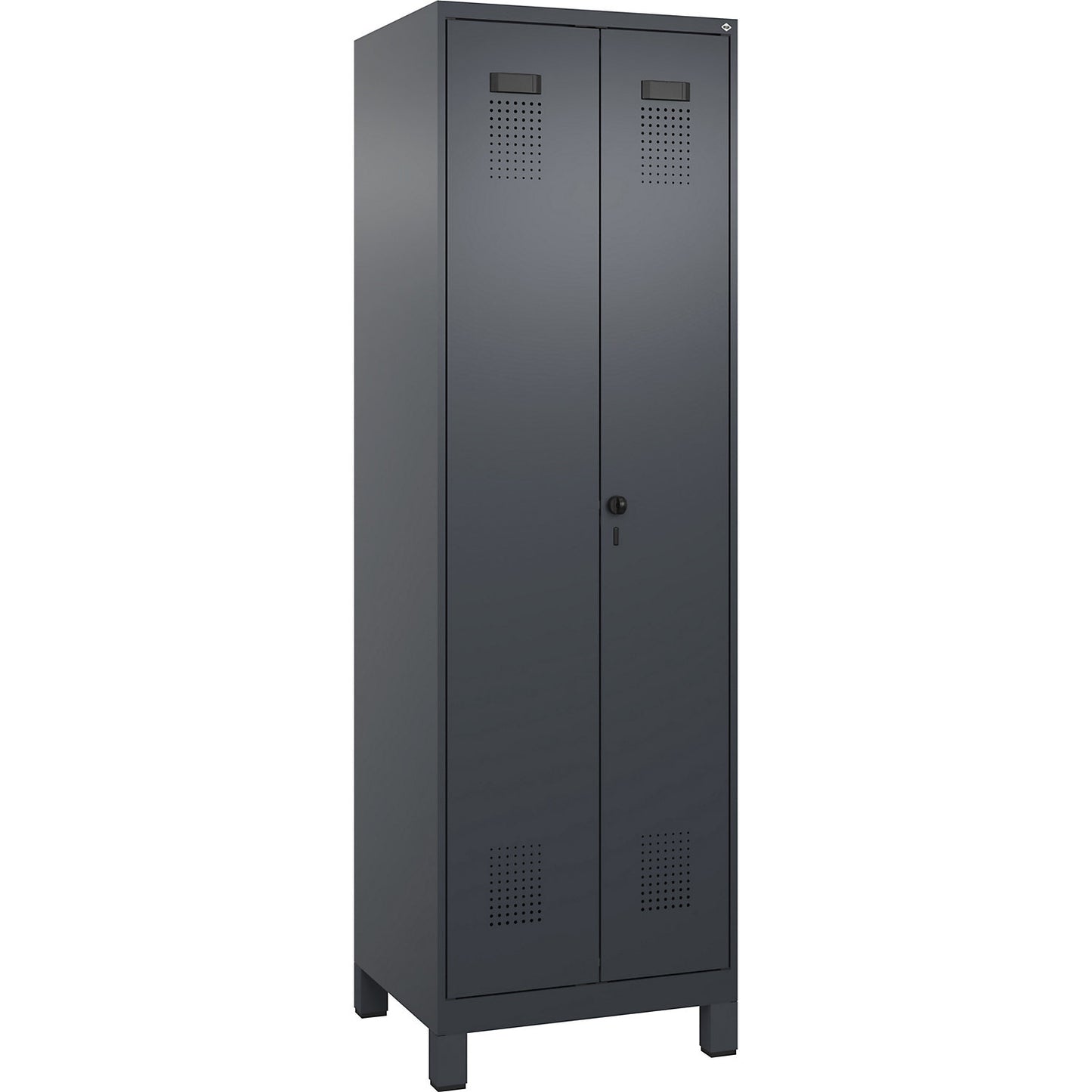 Evolo PLUS clean and dirty locker, 1 compartment, shortened centre divider, grey, W 600 mm, with wide feet, security rotary bolt.