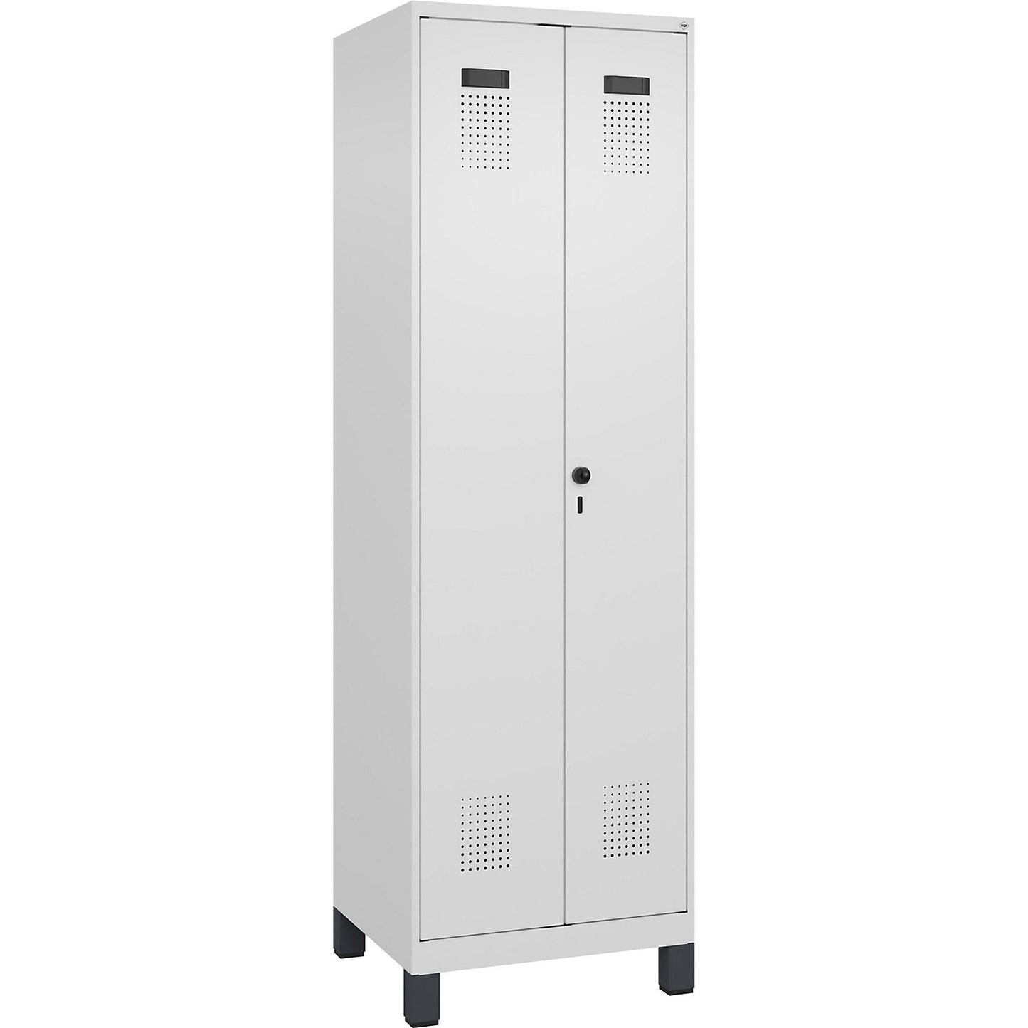 Evolo PLUS clean and dirty locker, 1 compartment, shortened centre divider, white, W 600 mm, with wide feet, security rotary bolt.