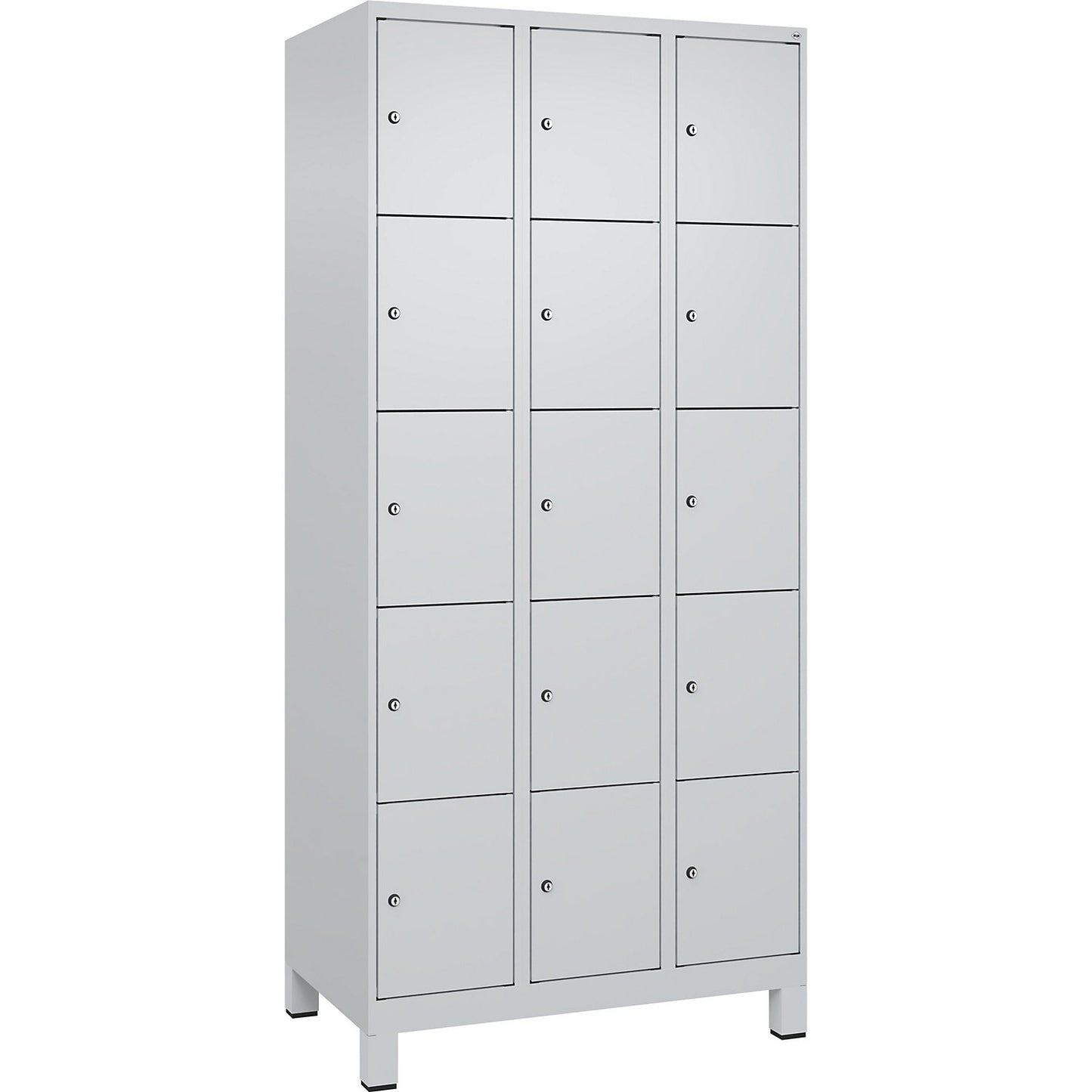 Evolo PLUS 5-fold compartment locker, 3 compartments, light grey, W 900 mm, 15 compartments, with wide feet, cylinder lock.