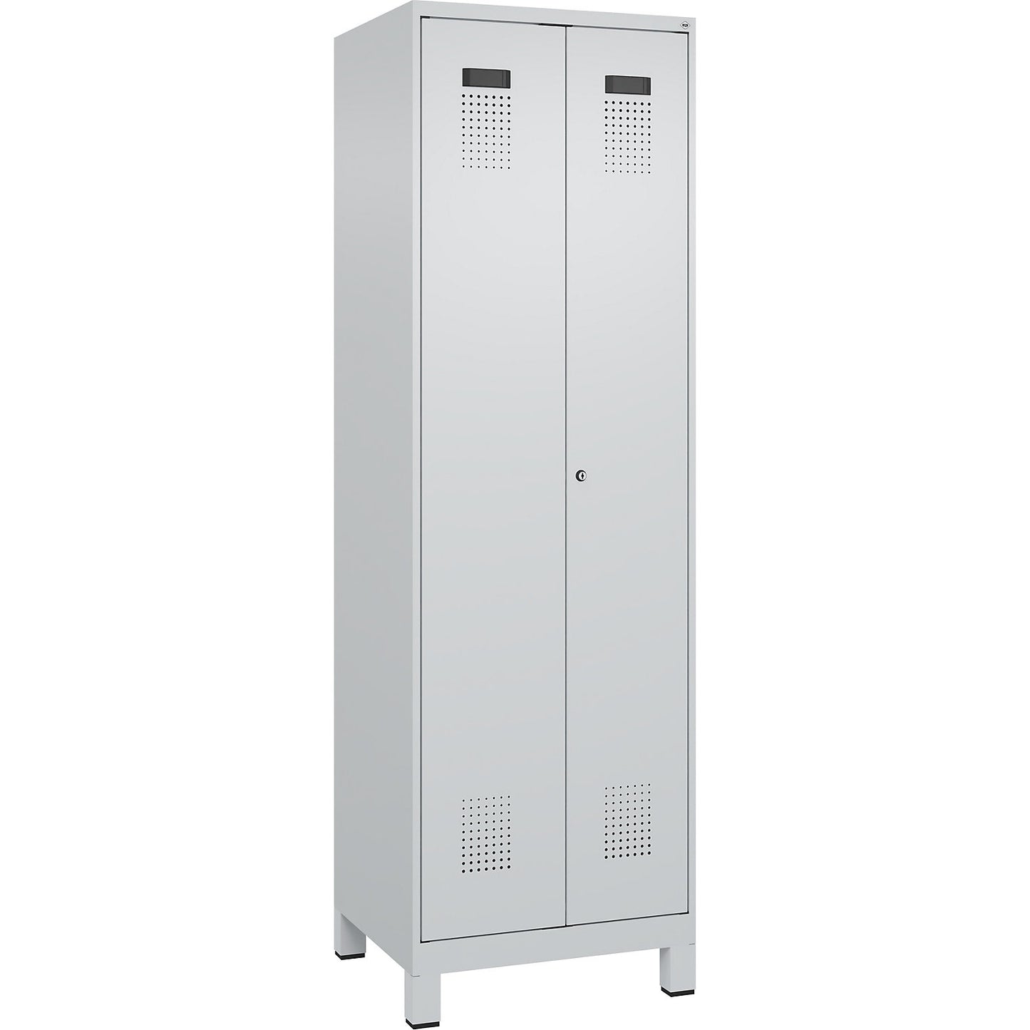 Evolo PLUS clean and dirty locker, 1 compartment, shortened centre divider, light grey, W 600 mm, with wide feet, cylinder lock.