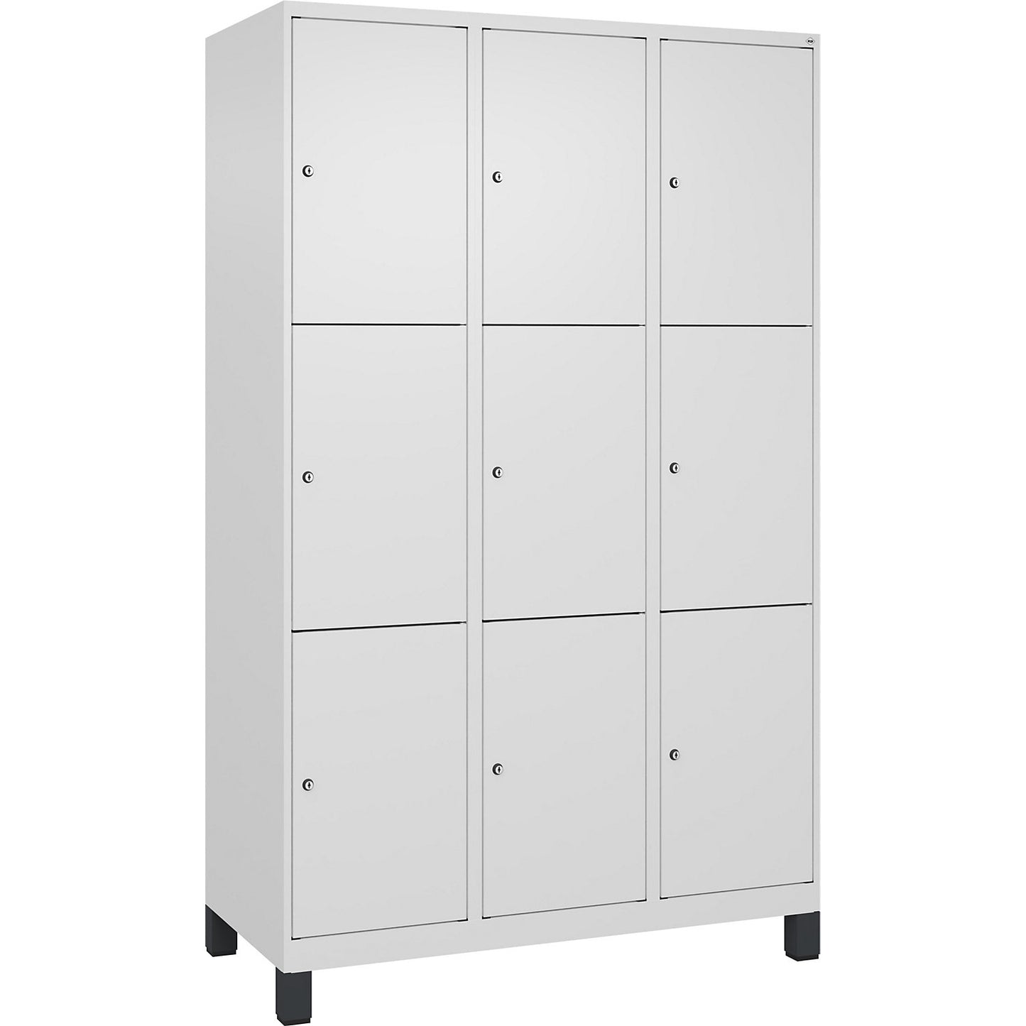 Evolo PLUS 3-fold compartment locker, 3 compartments, white, W 1200 mm, 9 compartments, with wide feet, cylinder lock.