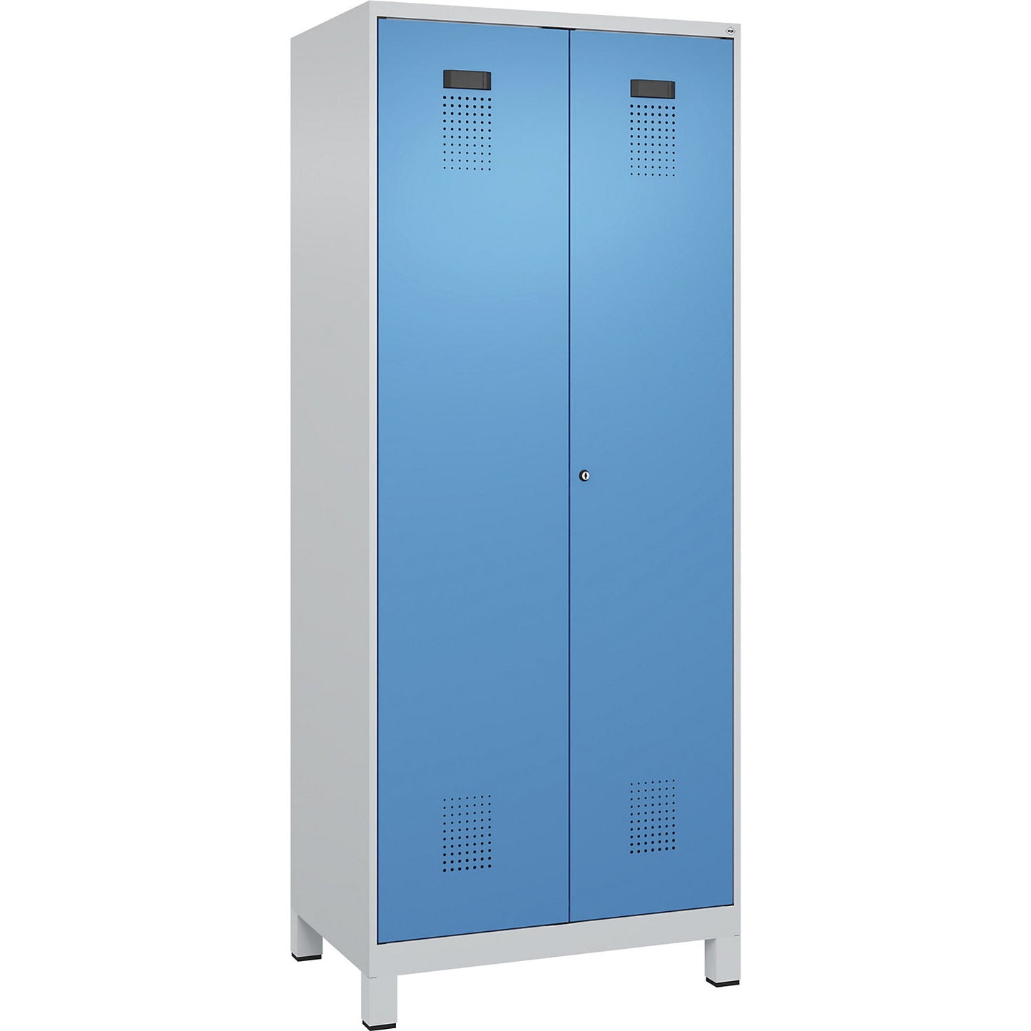 Evolo PLUS clean and dirty locker, 1 compartment, shortened centre divider, light grey / light blue, W 800 mm, with wide feet, cylinder lock.